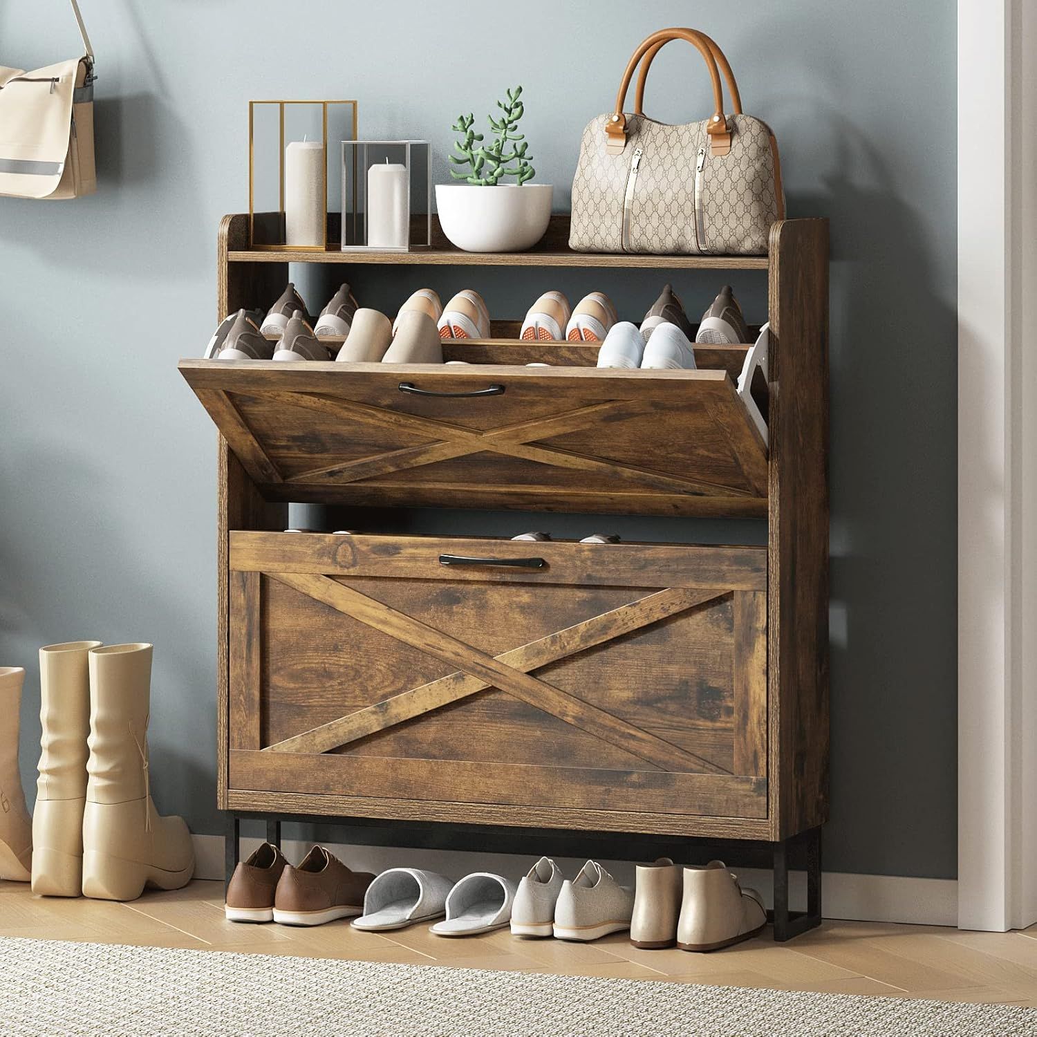 Rustic Brown Wood Shoe Storage Cabinet with Flip Drawers