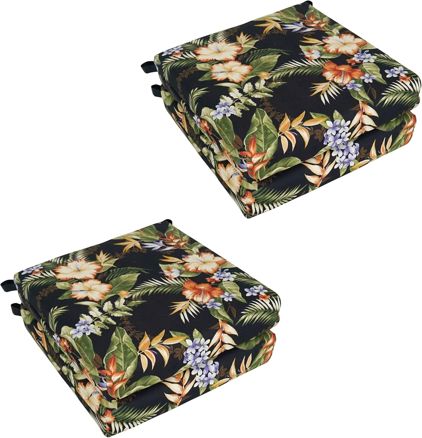 Set of 4 Black Floral Polyester Outdoor Chair Cushions