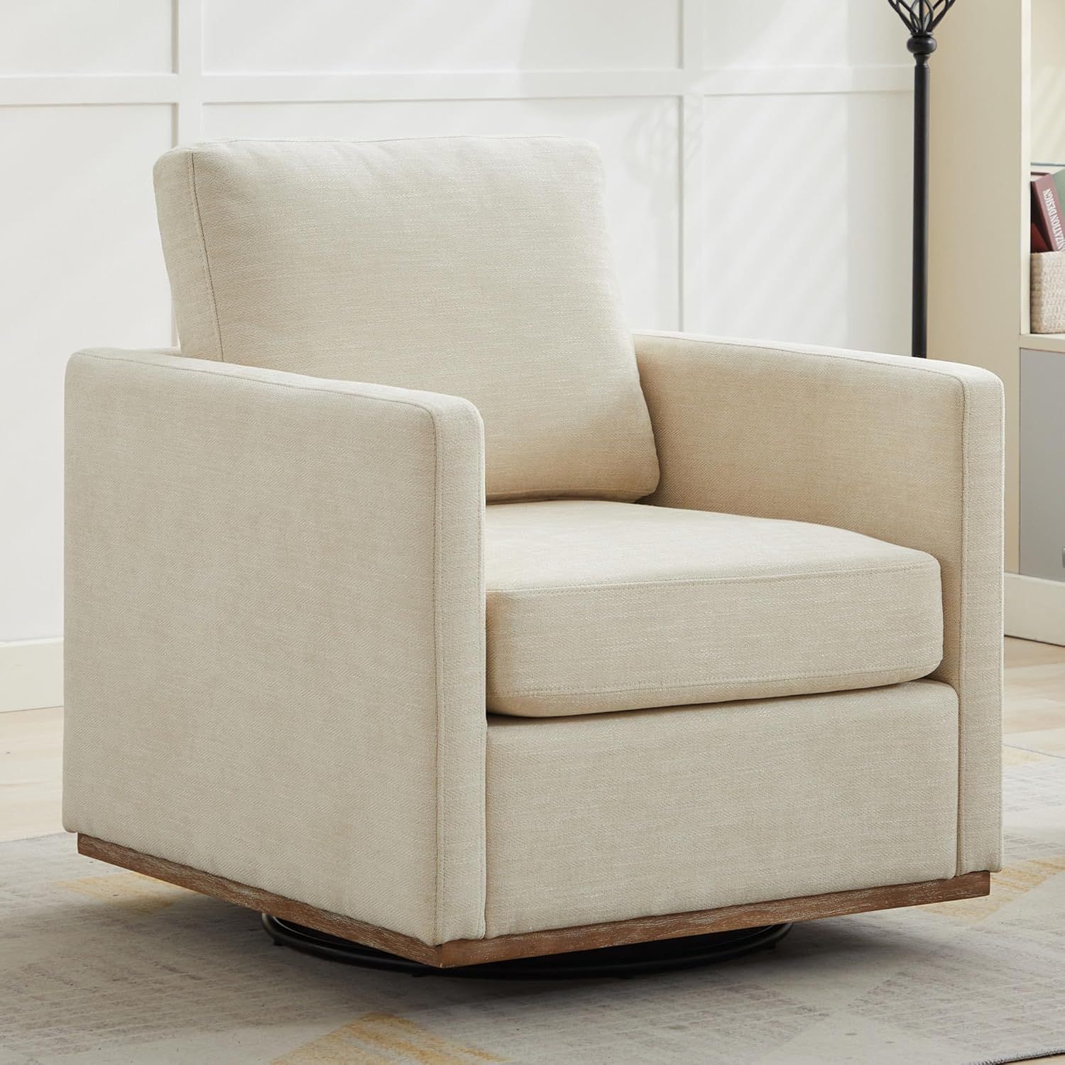 Beige Chenille Swivel Barrel Accent Chair with Wooden Base