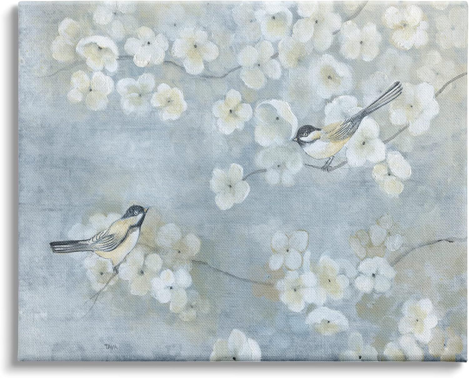 Blue Floral Blossoms and Song Sparrows Canvas Wall Art