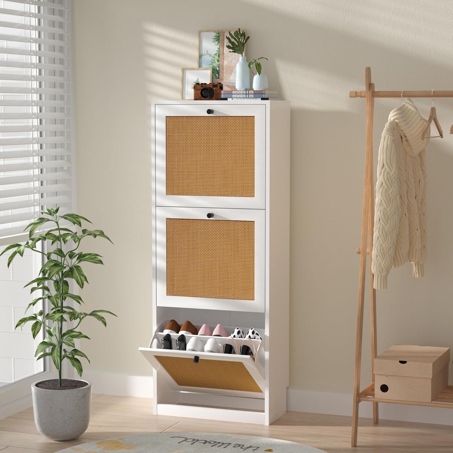 White and Rattan 3-Tier Flip Drawer Shoe Cabinet