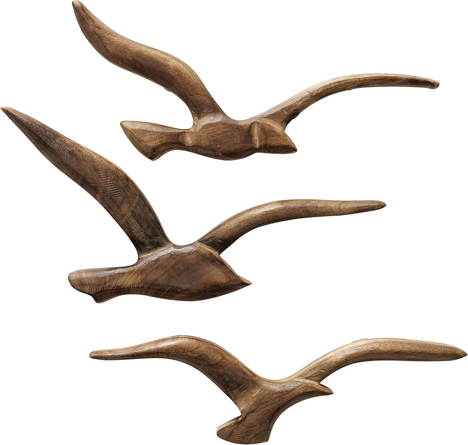 Handmade Polished Mango Wood Flying Birds Wall Sculptures