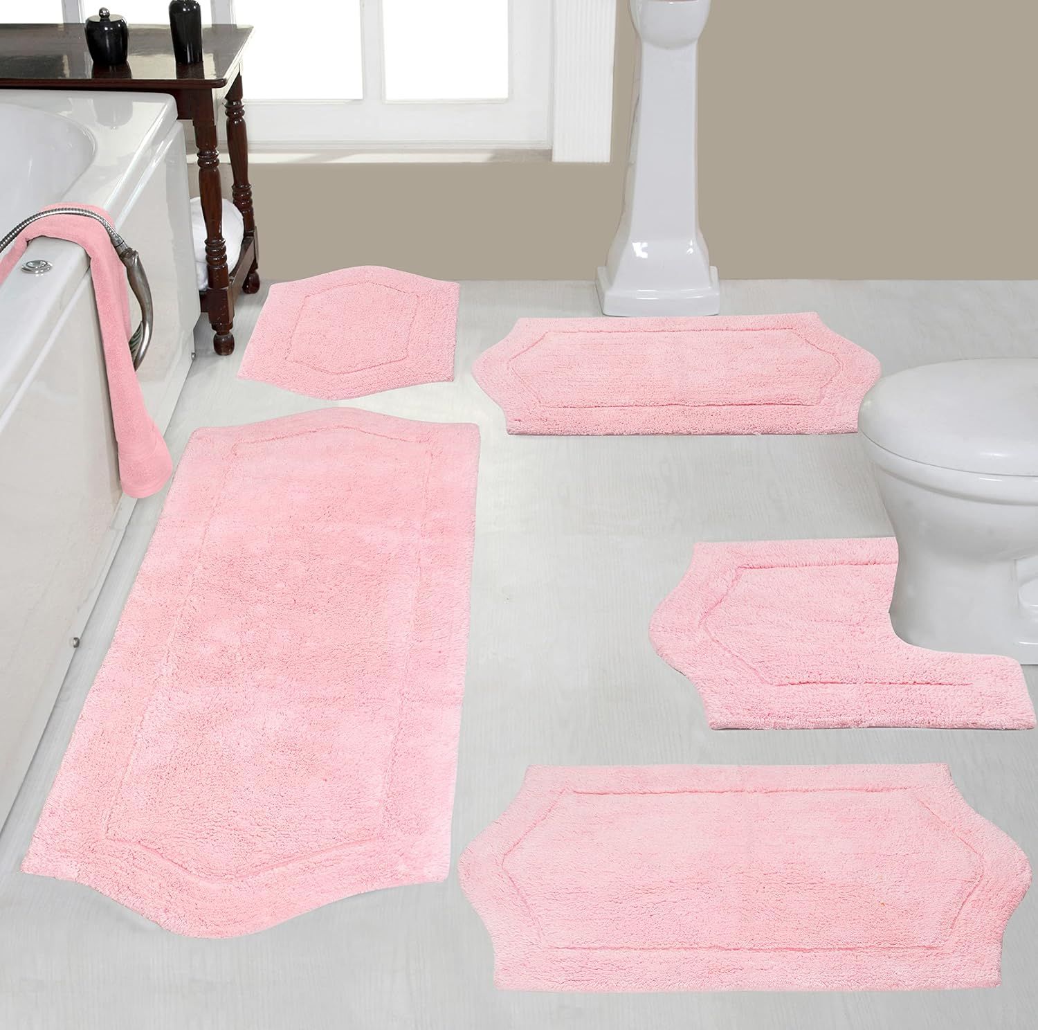 Pink Cotton Tufted Non-Slip Bath Rug Set