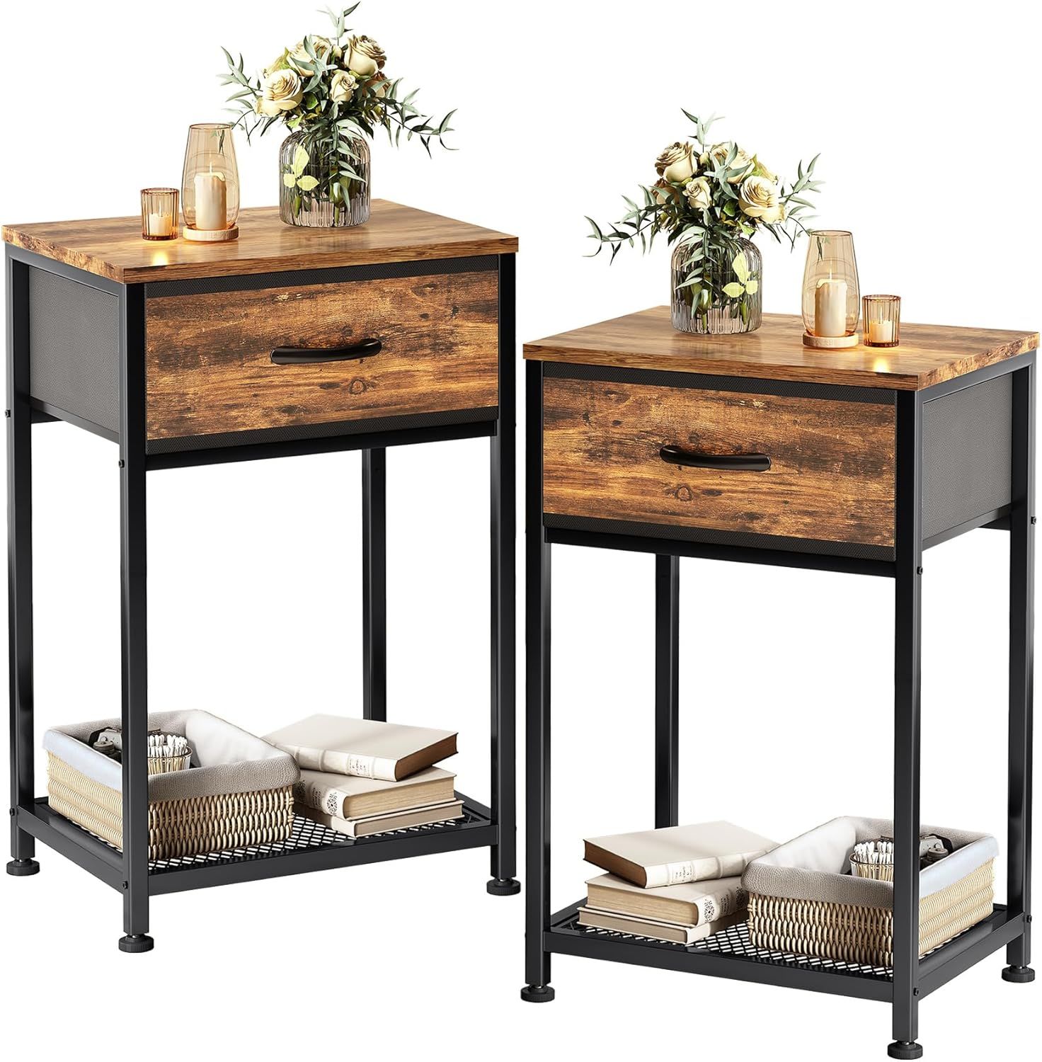 Rustic Brown and Black Wood Nightstands with Fabric Drawer, Set of 2