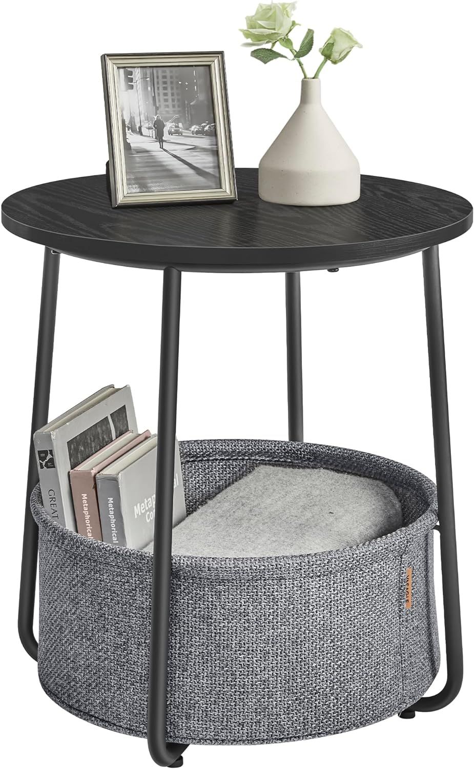 Ebony Black Round Metal Side Table with Fabric Basket