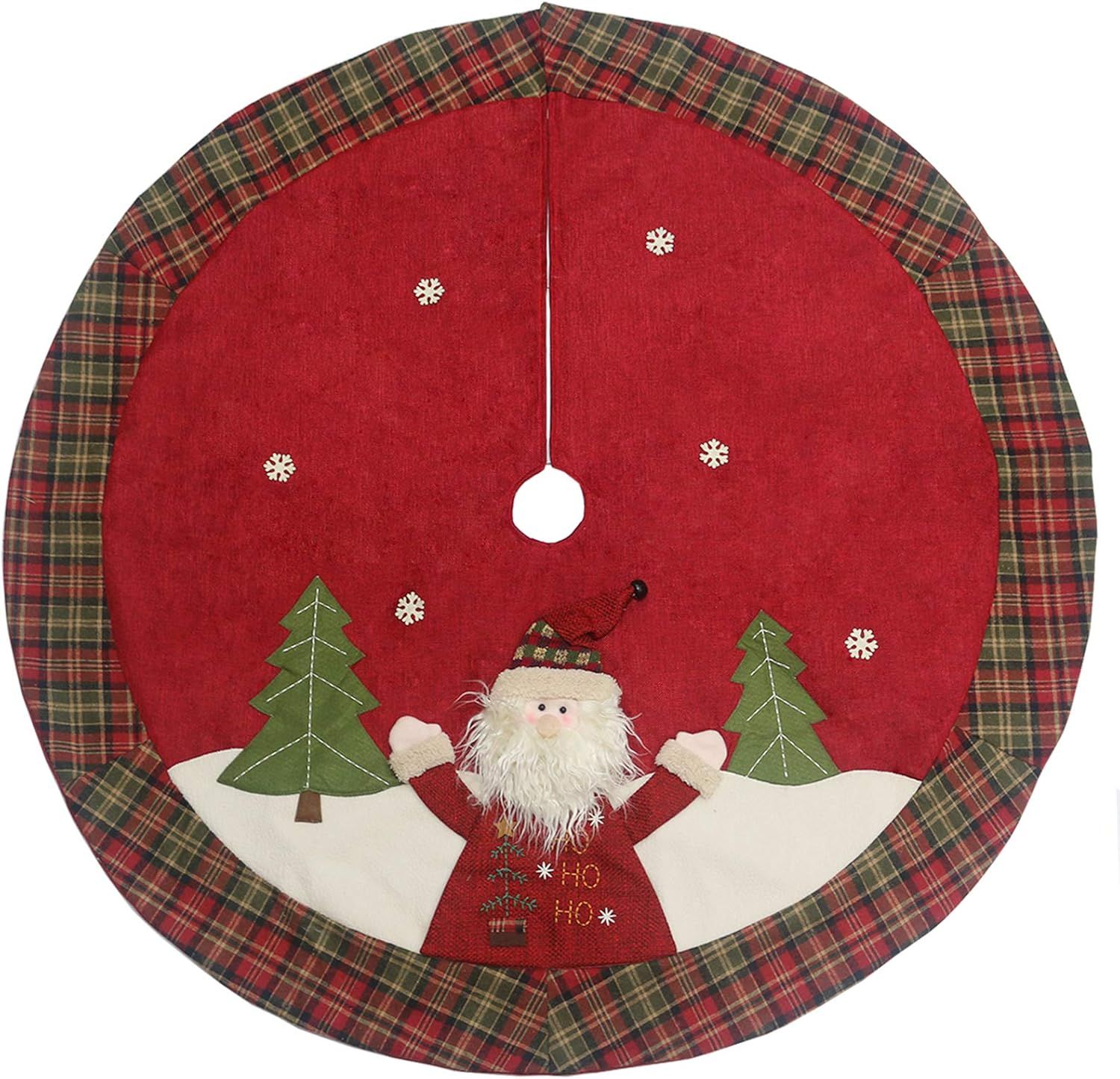 48" Red Burlap Christmas Tree Skirt with Santa and Plaid Edges