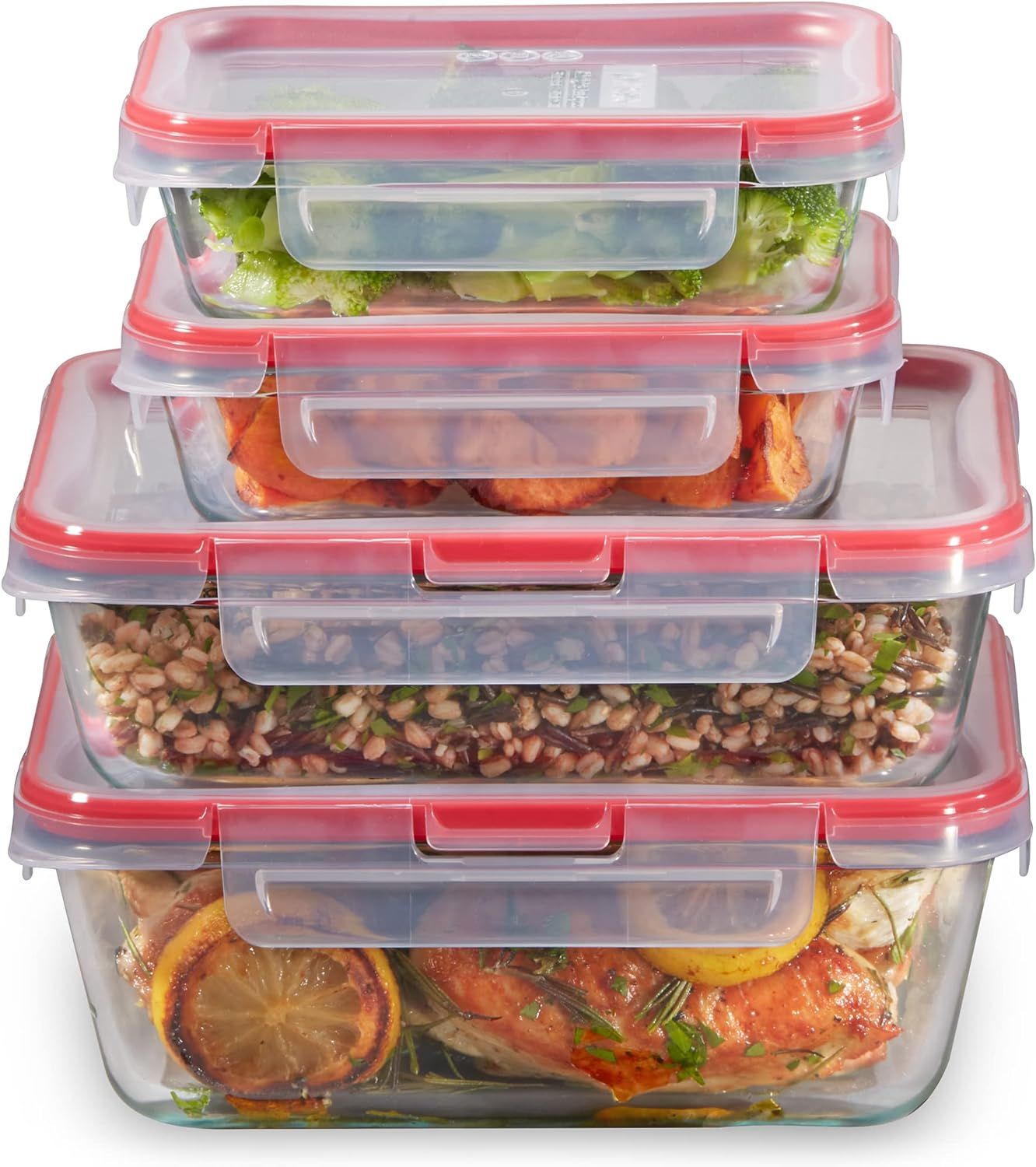 Airtight Glass Food Storage Container Set with Red Lids, 8-Piece