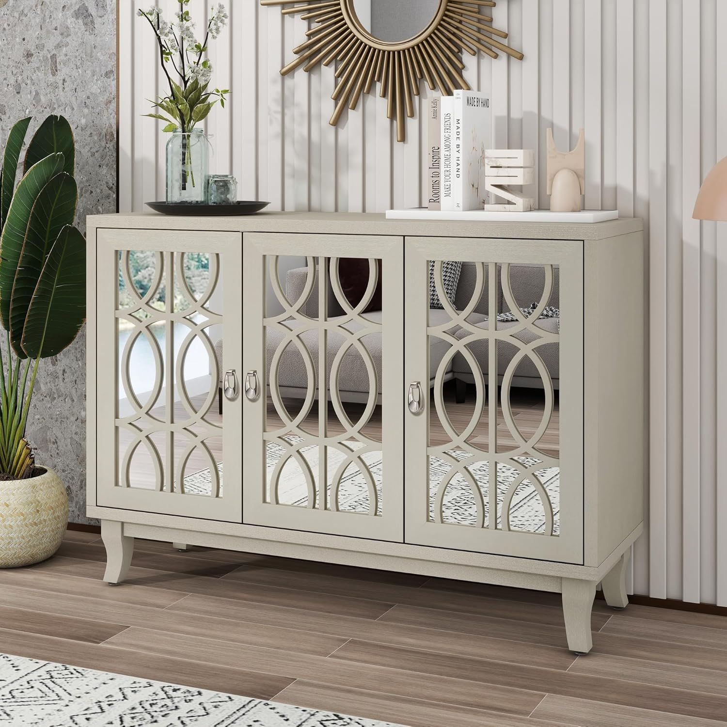 Champagne Gold Mirrored 3-Door Sideboard with Silver Handles