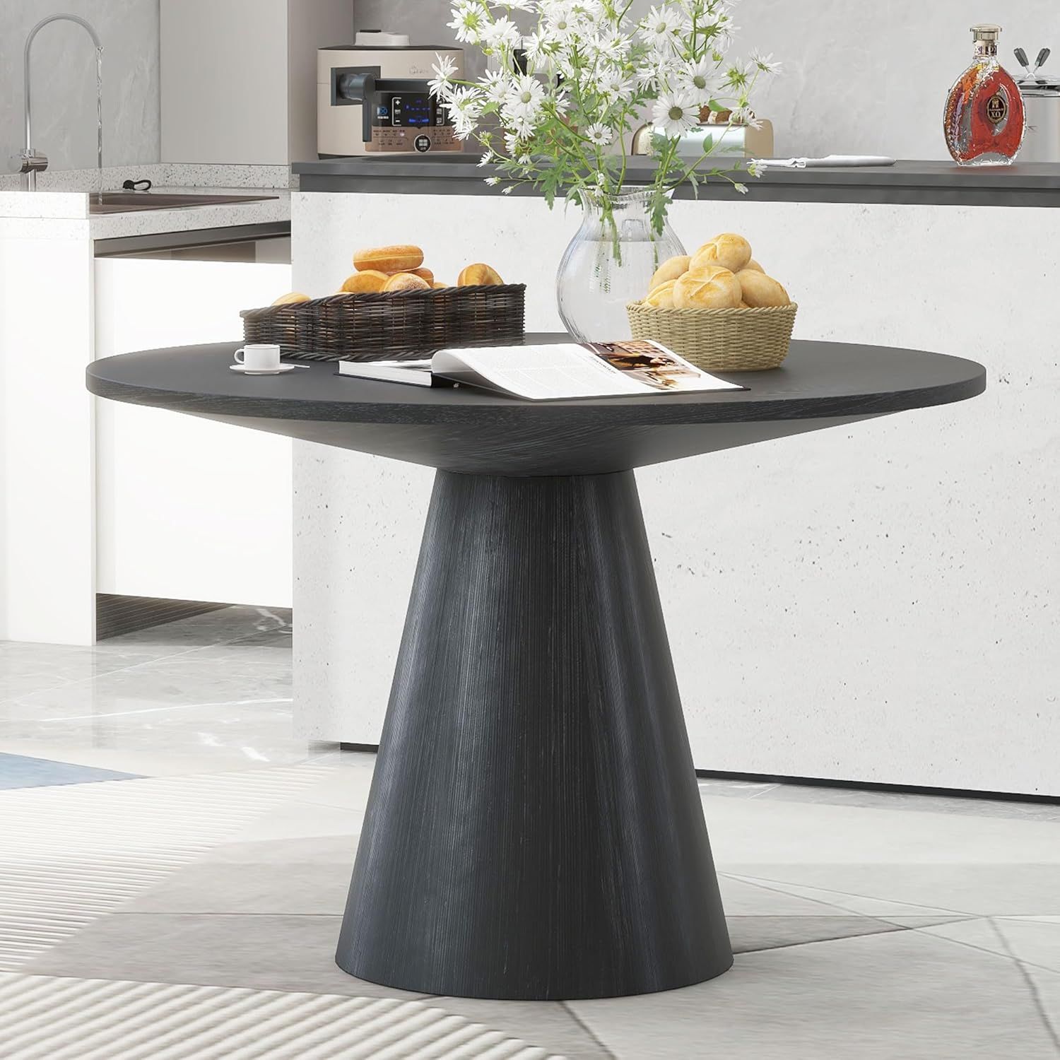 46.5'' Black Round Wood Dining Table with Pedestal Base