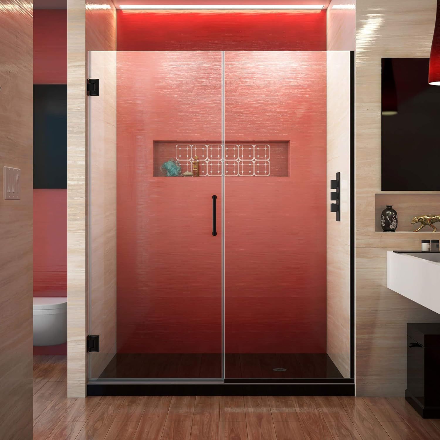 Unidoor Plus Frameless Clear Glass Hinged Shower Door in Black