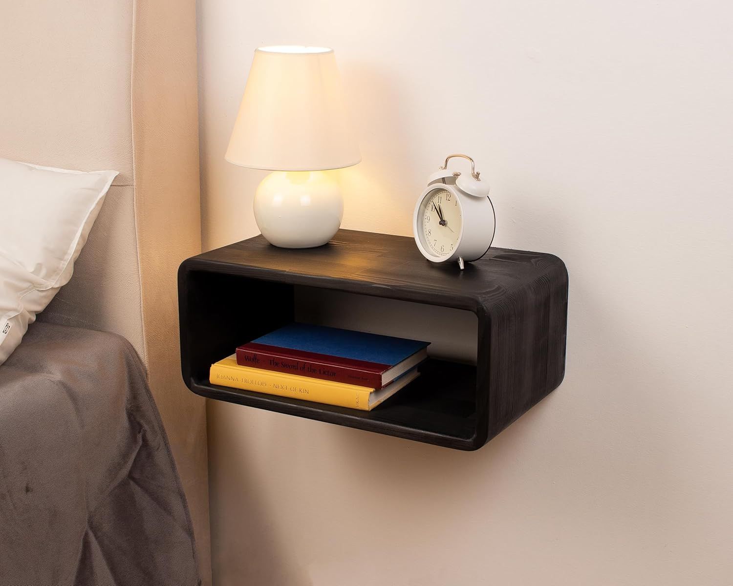 Black Spruce Wood Floating Nightstand with Open Shelf
