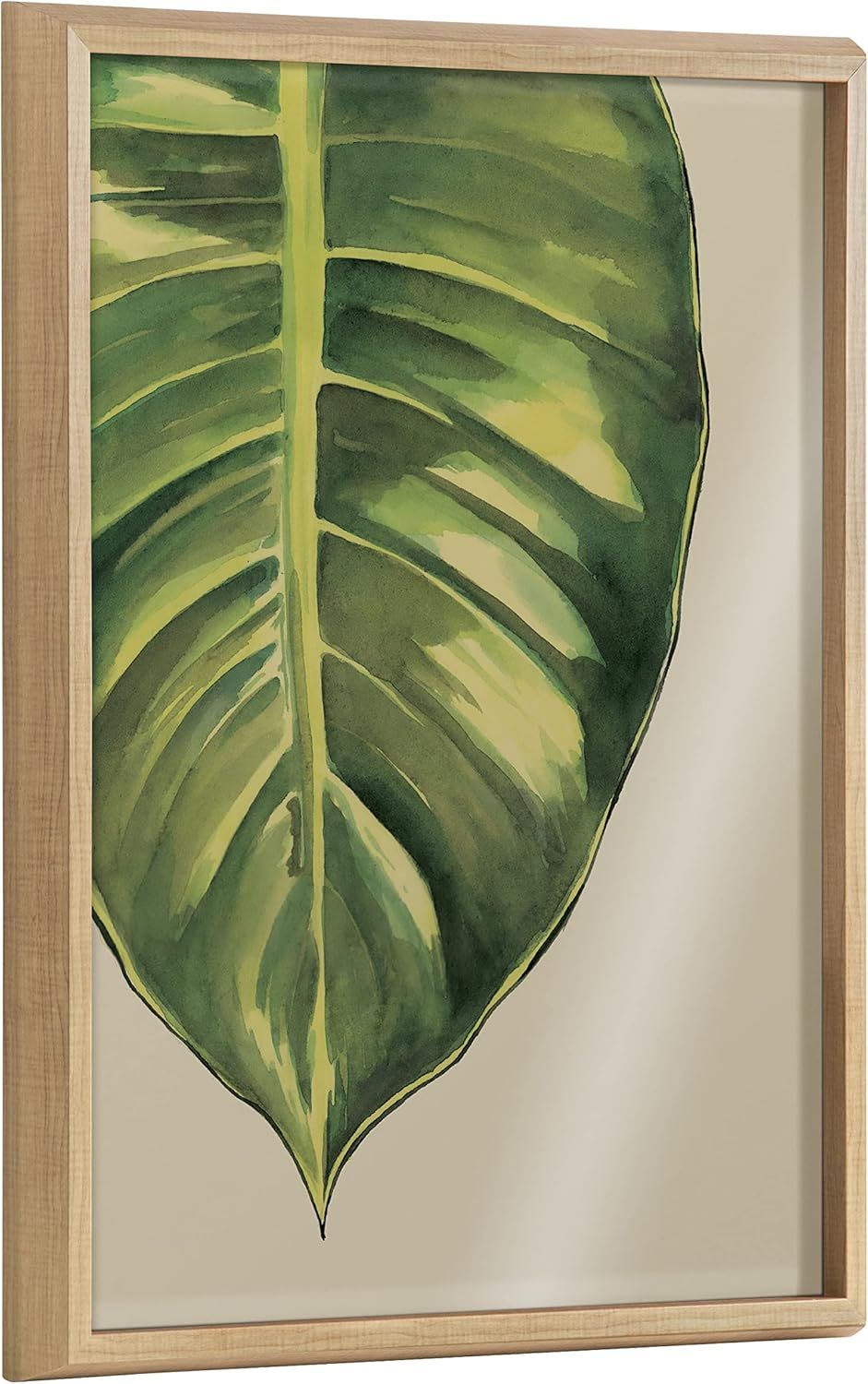 Large Green Leaf Botanical Glass Print with Natural Frame, 18x24