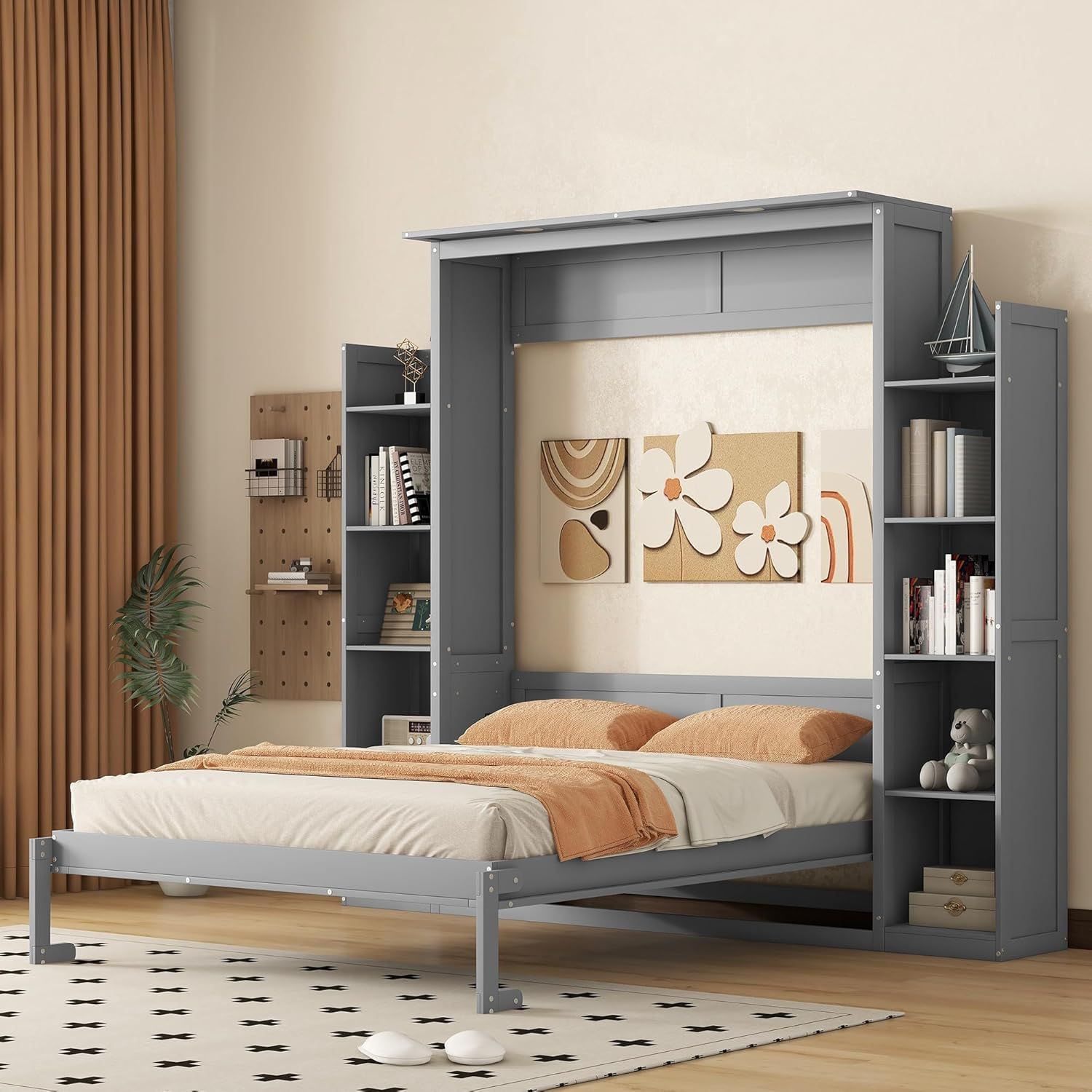 Gray Queen Size Murphy Bed with Shelves and LED Lights