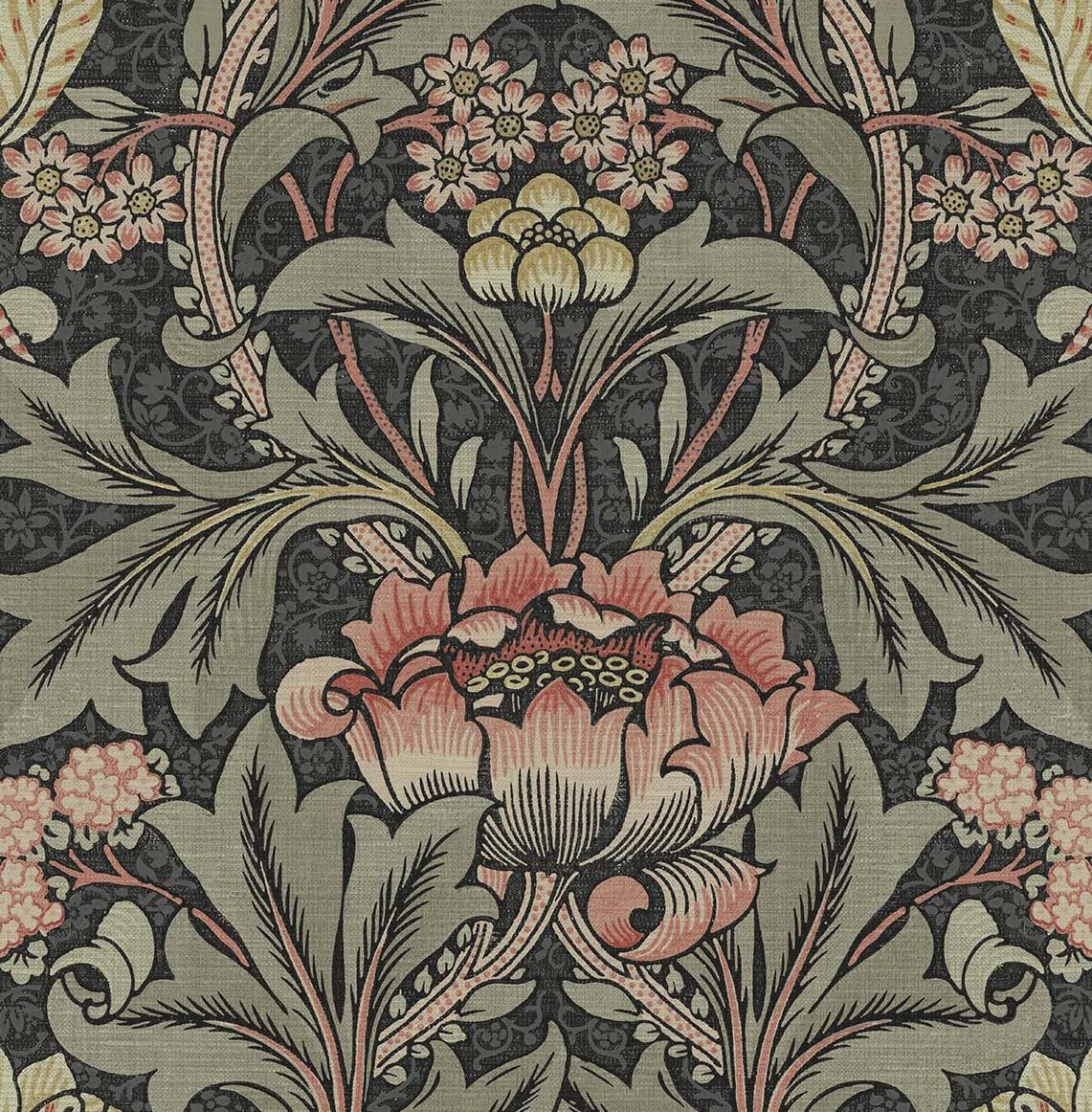 Charcoal and Rosewood Floral Vinyl-Coated Wallpaper Roll