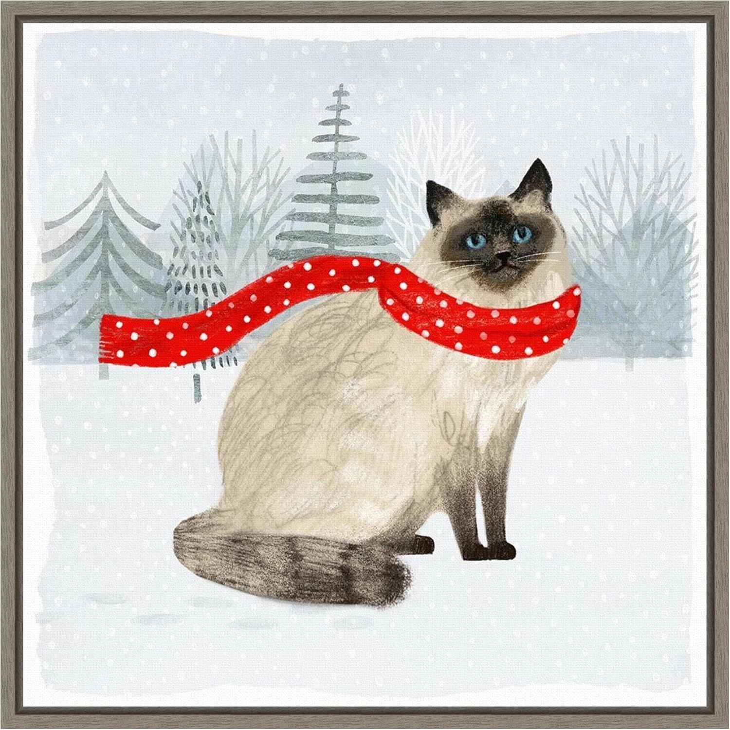 Christmas Himalayan Cat Print on Canvas with Greywash Frame