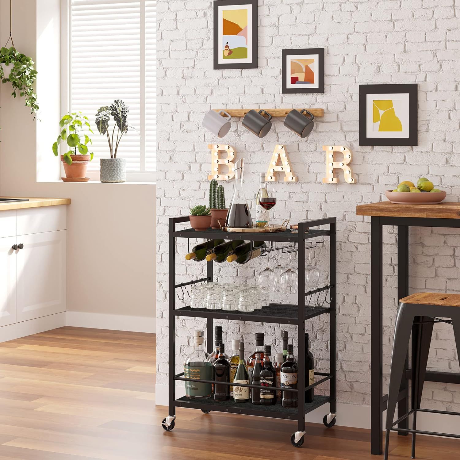 Black Metal Rolling Bar Cart with Wine Rack and Glass Holder