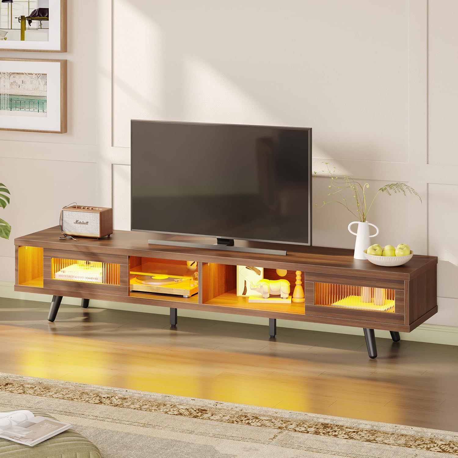 Ancona Walnut Mid Century Modern TV Stand with LED Lights