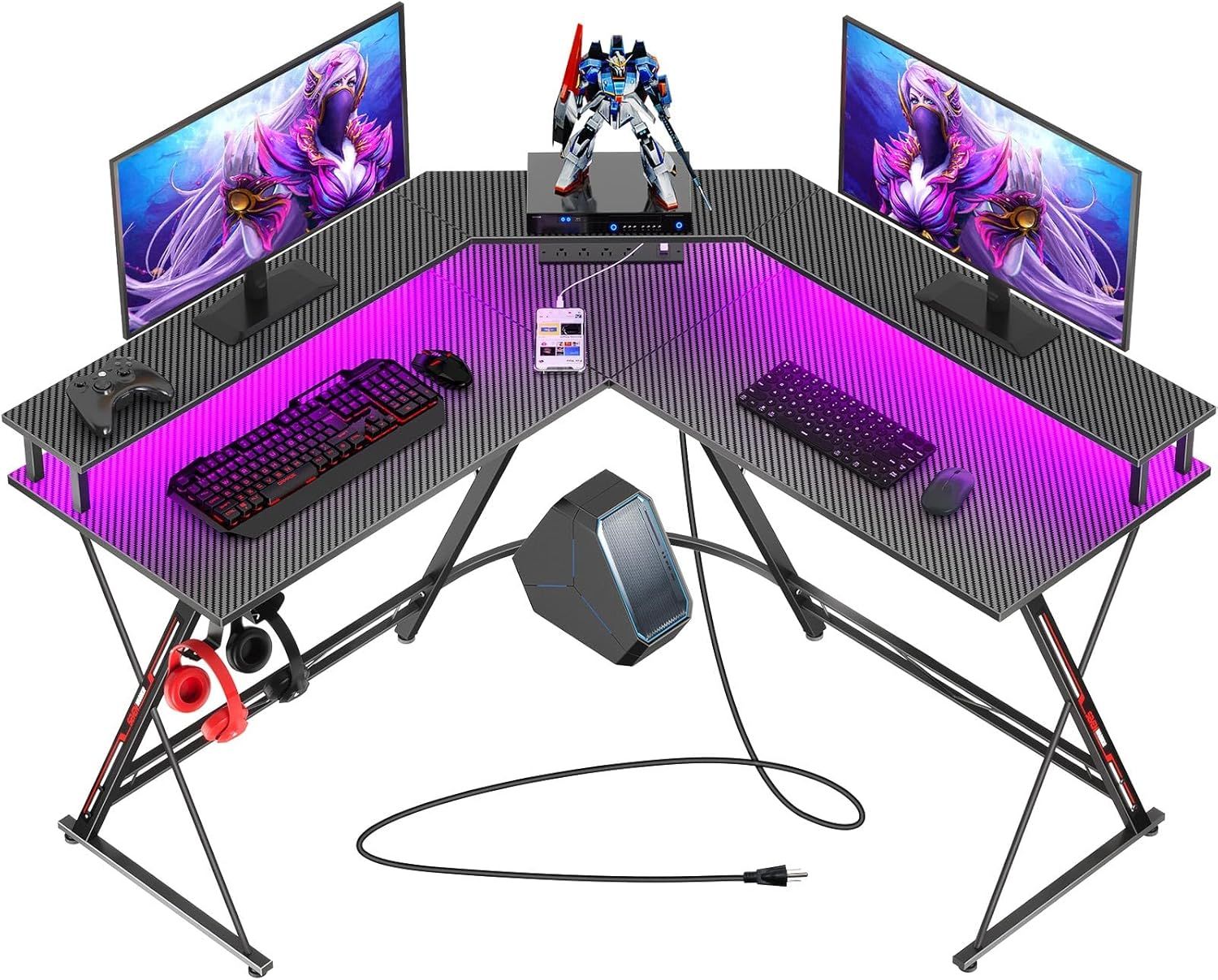 Black L-Shaped Gaming Desk with LED Lights and Monitor Stand