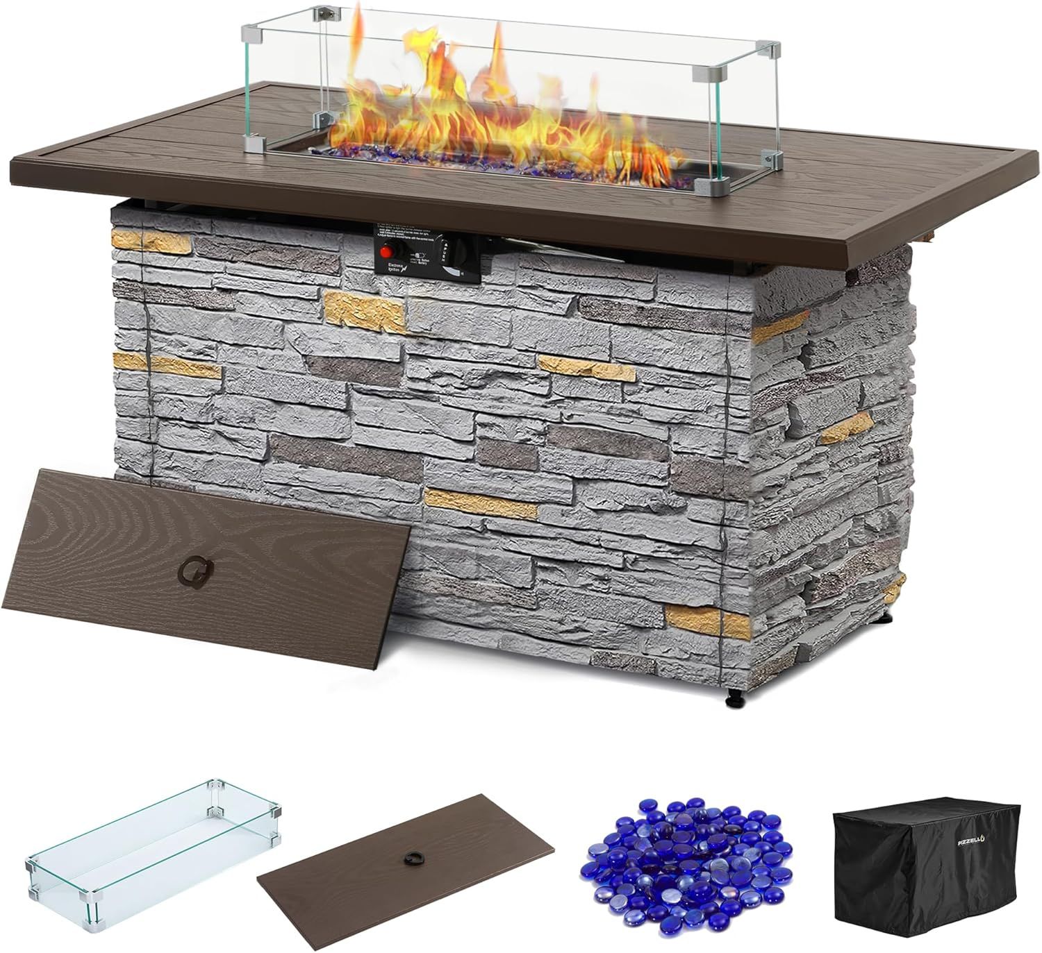43" Gray Stone Propane Fire Pit Table with Glass Wind Guard