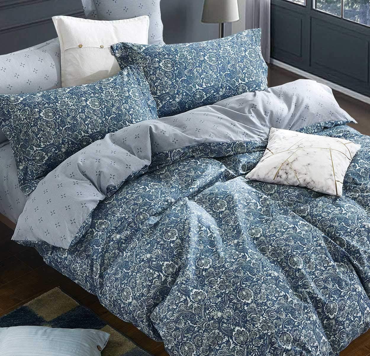 Queen Blue and Green Cotton Paisley Duvet Cover Set