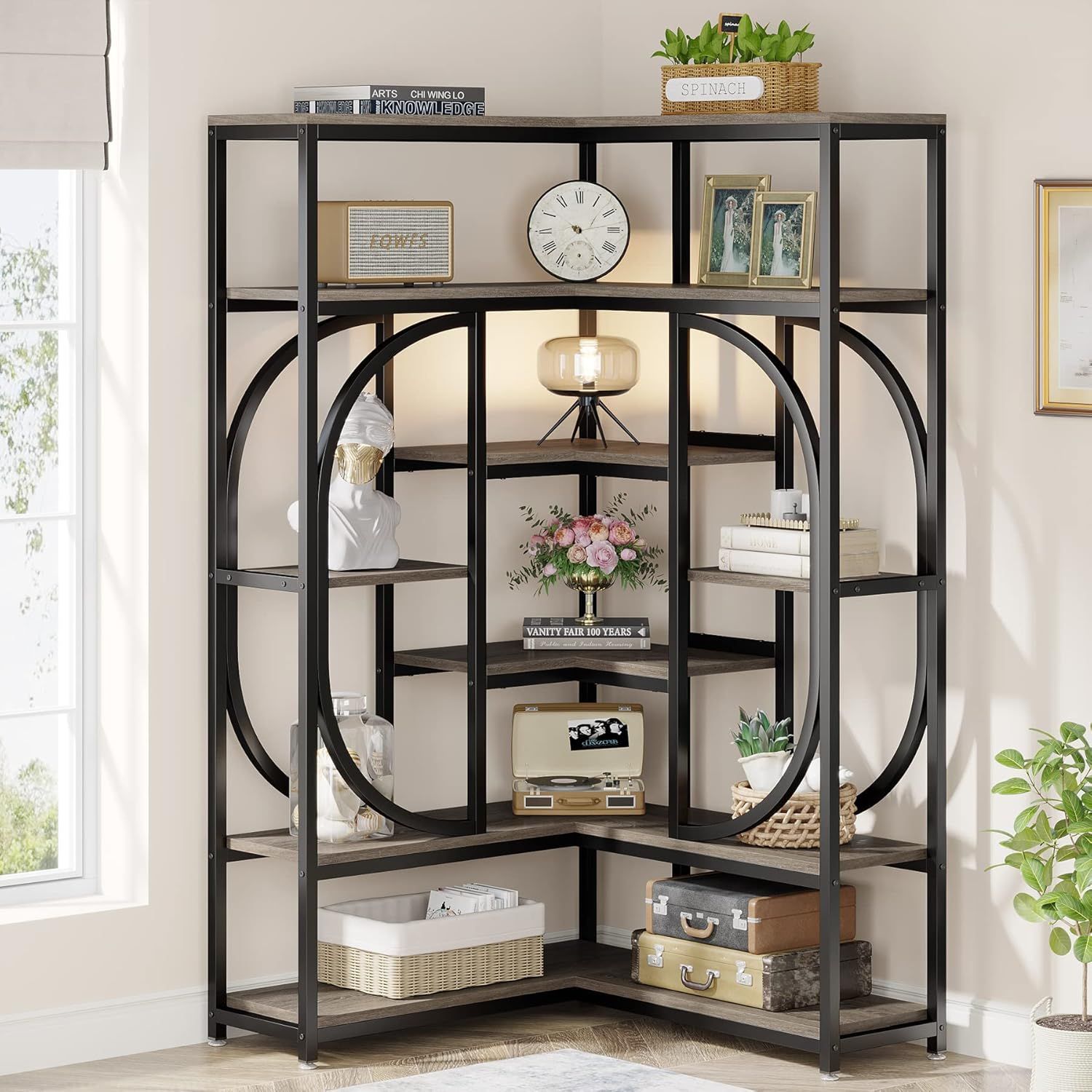 Tall Grey and Black L-Shaped 7-Shelf Corner Bookcase