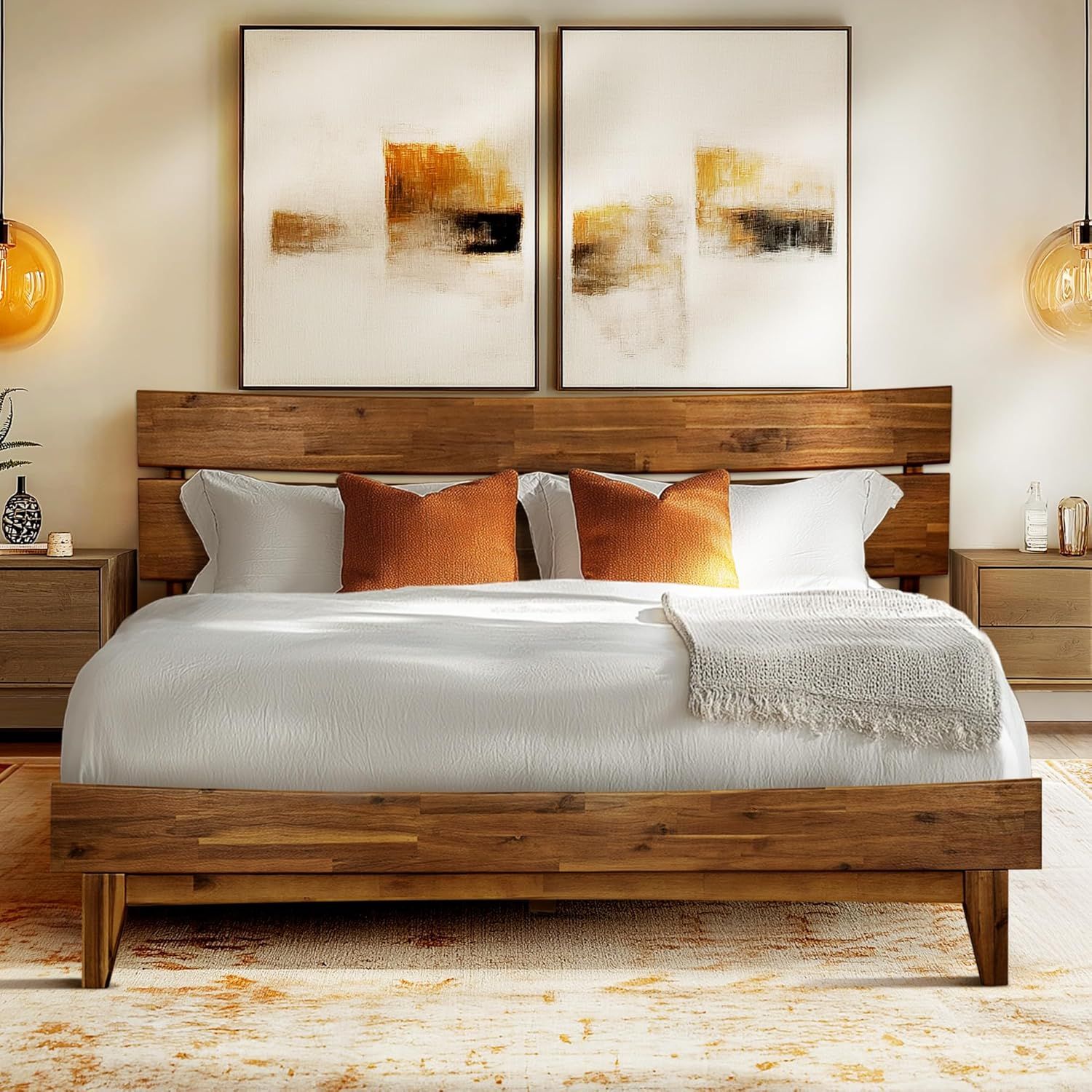 Walnut Queen Solid Wood Platform Bed with Headboard