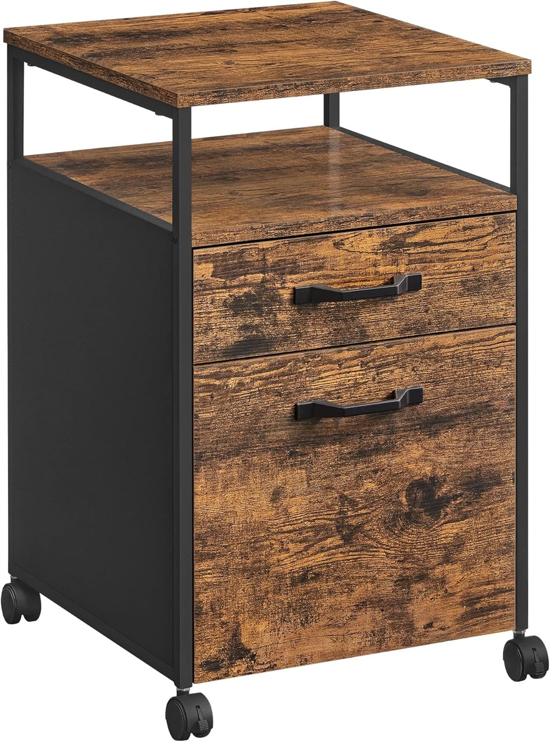 Rustic Brown and Black Mobile 2-Drawer Lockable File Cabinet