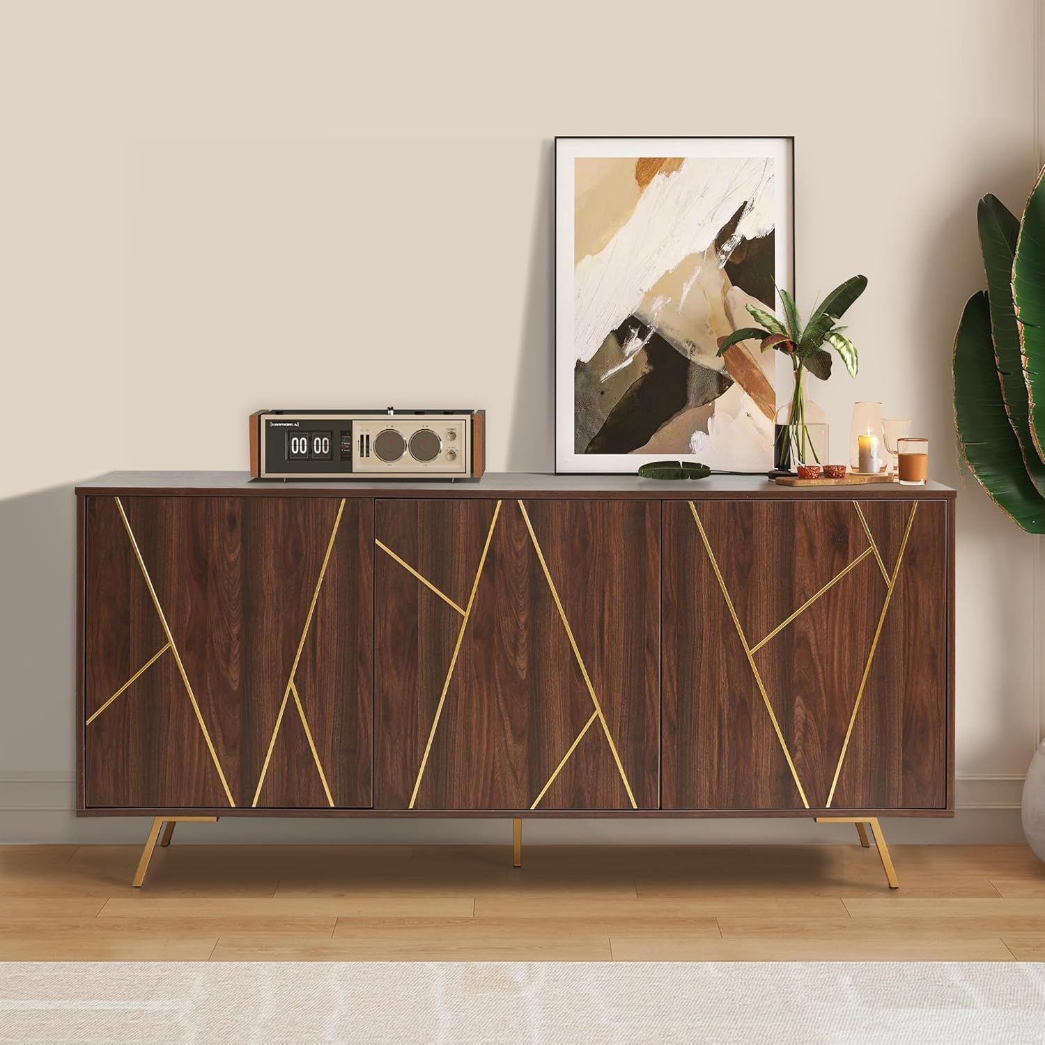 63'' Dark Walnut and Gold Mid Century Modern Sideboard Buffet
