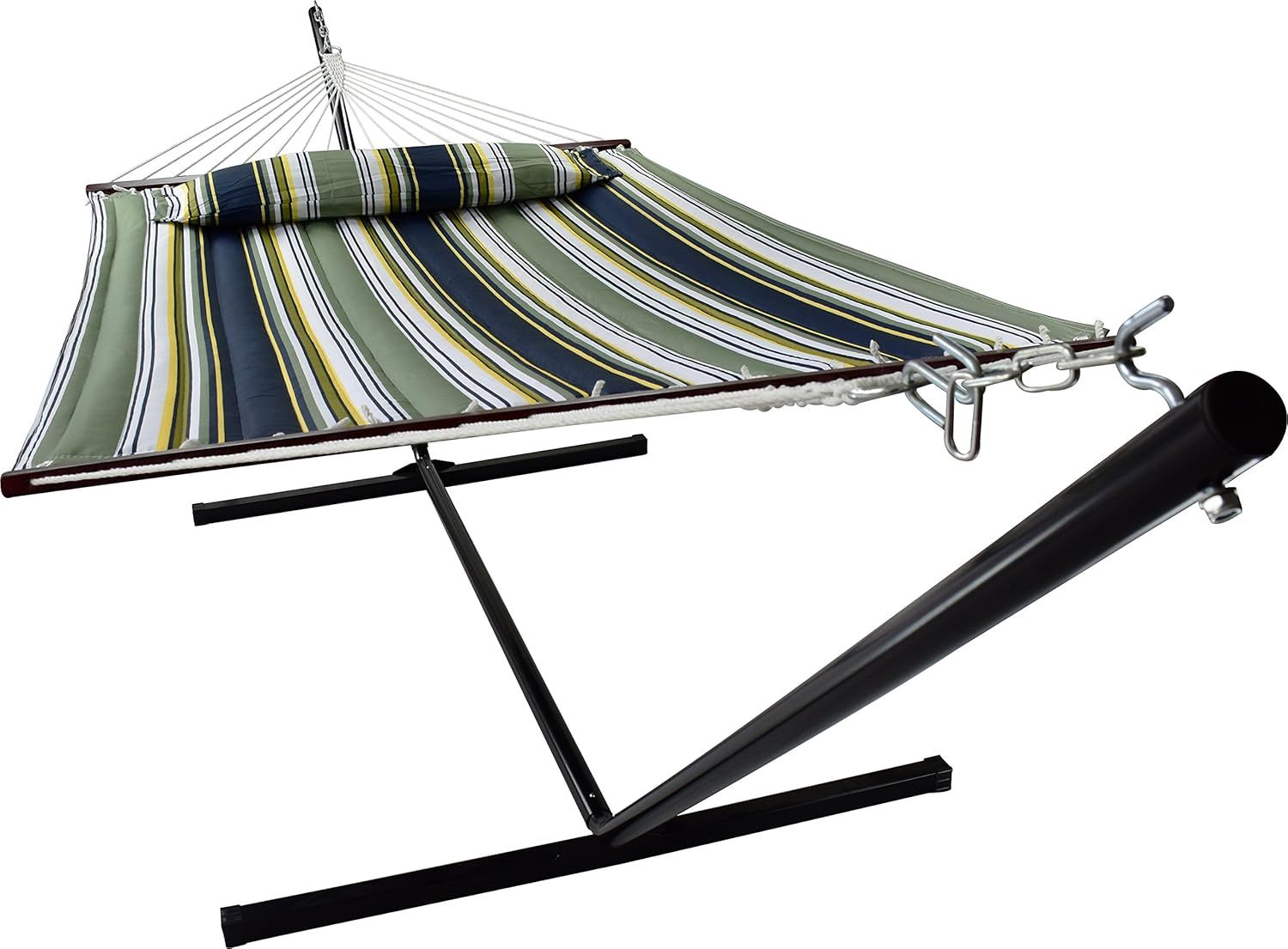 Blue and Green Striped Cotton Hammock with Stand and Pillow