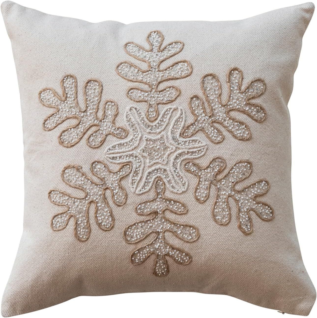 Natural White and Gold Embroidered Snowflake Cotton Pillow