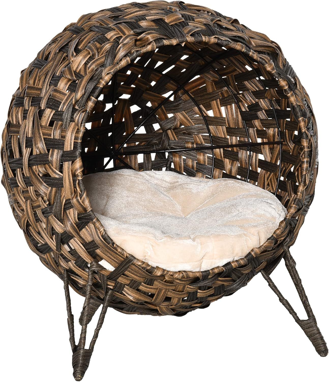 Hand-Woven Brown Rattan Elevated Cat Bed with Cushion