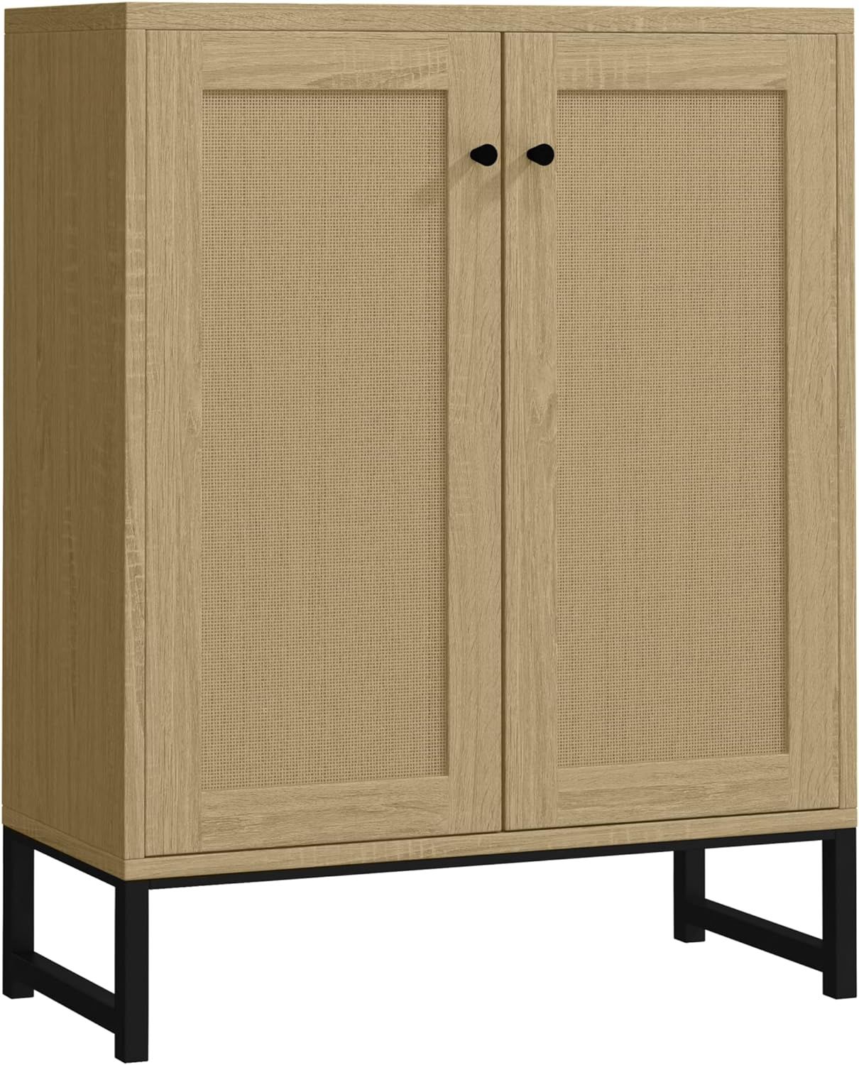 Natural Rattan Decorated Wooden Storage Cabinet with Dual Doors