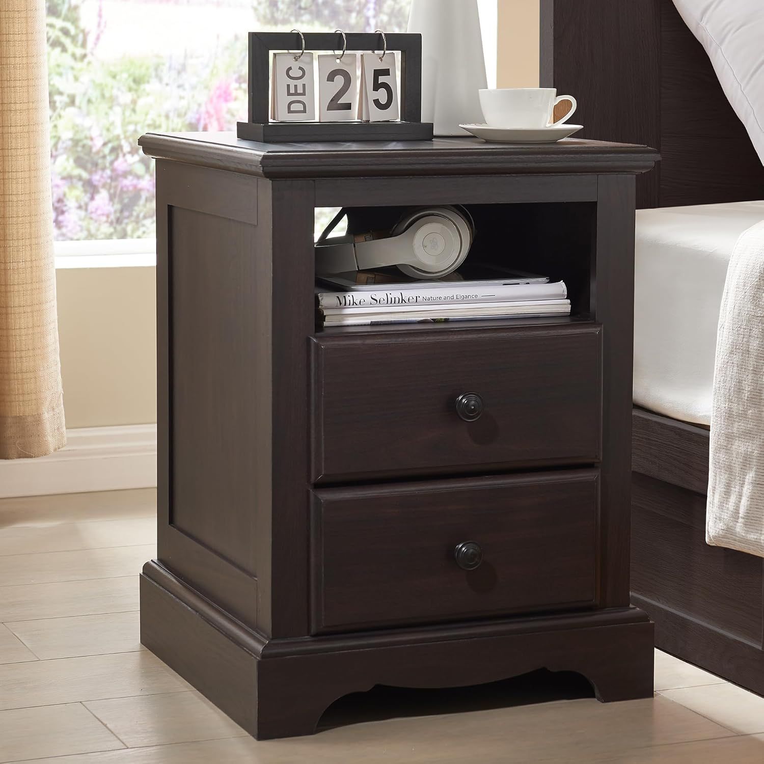 Espresso 18 Inch Vintage Nightstand with Charging Station and 2 Drawers