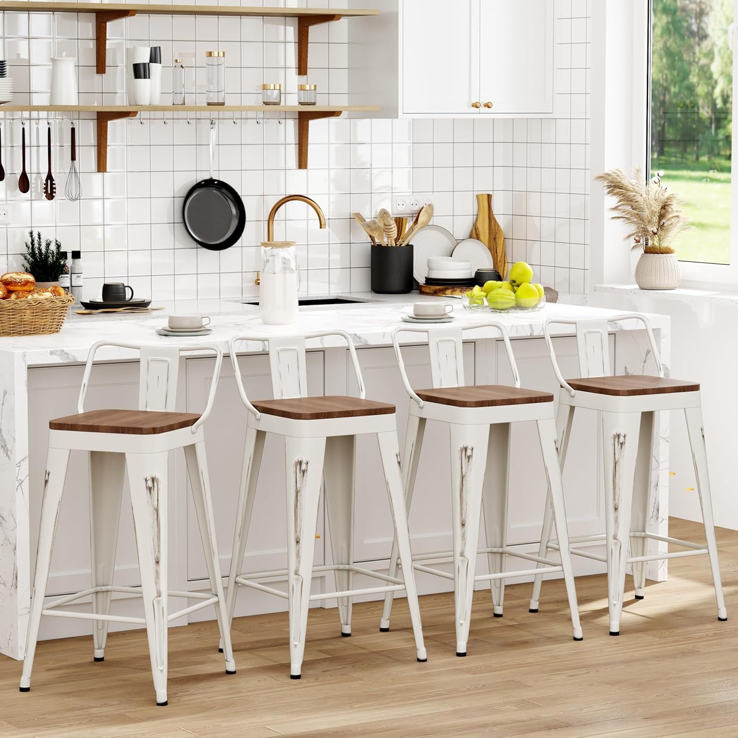 Set of 4 White Metal Bar Stools with Wooden Seats