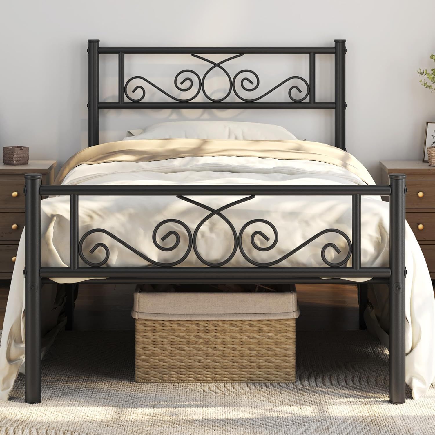 Black Twin XL Metal Platform Bed with Scroll Headboard and Footboard