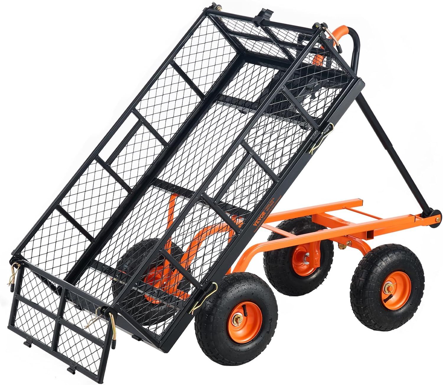 Heavy Duty Black and Orange Steel Garden Dump Cart with Adjustable Handle