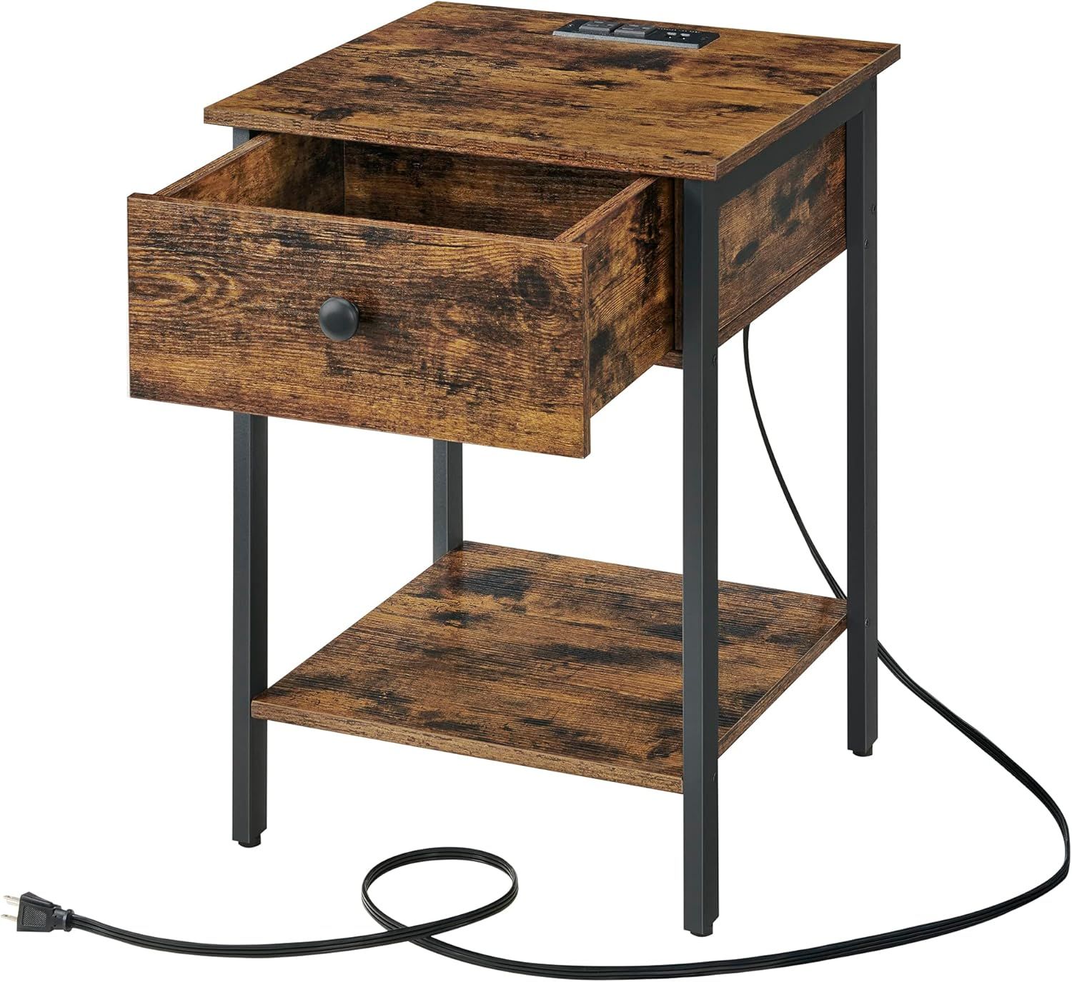 Rustic Black Metal and Wood Nightstand with Drawer