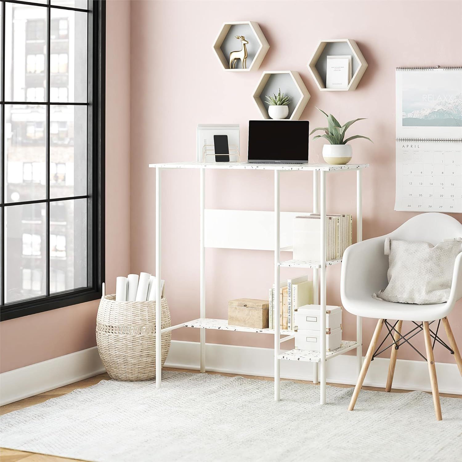 Berkeley White Metal Frame Standing Desk with Terrazzo Top