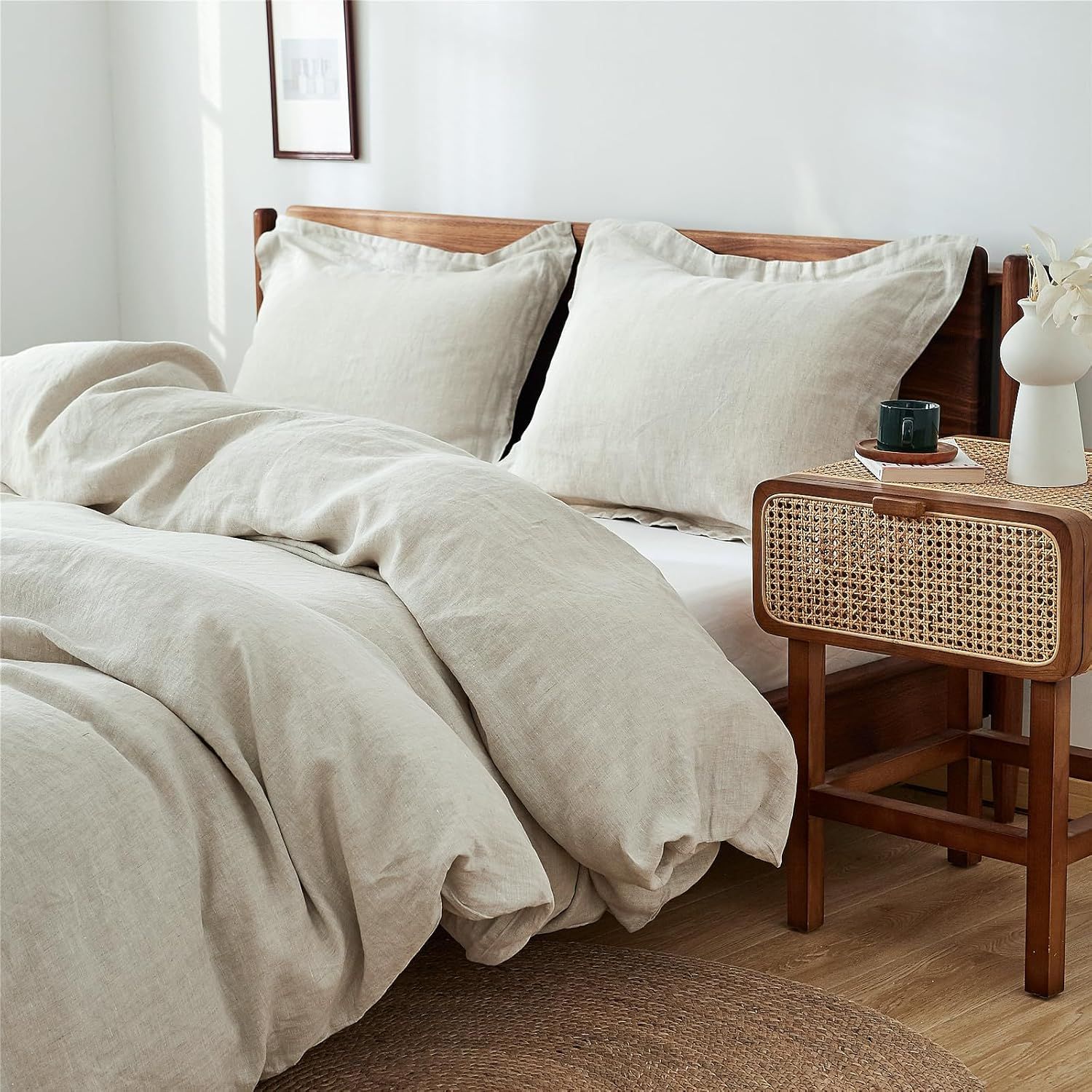 Natural Linen King Duvet Cover Set with Button Closure