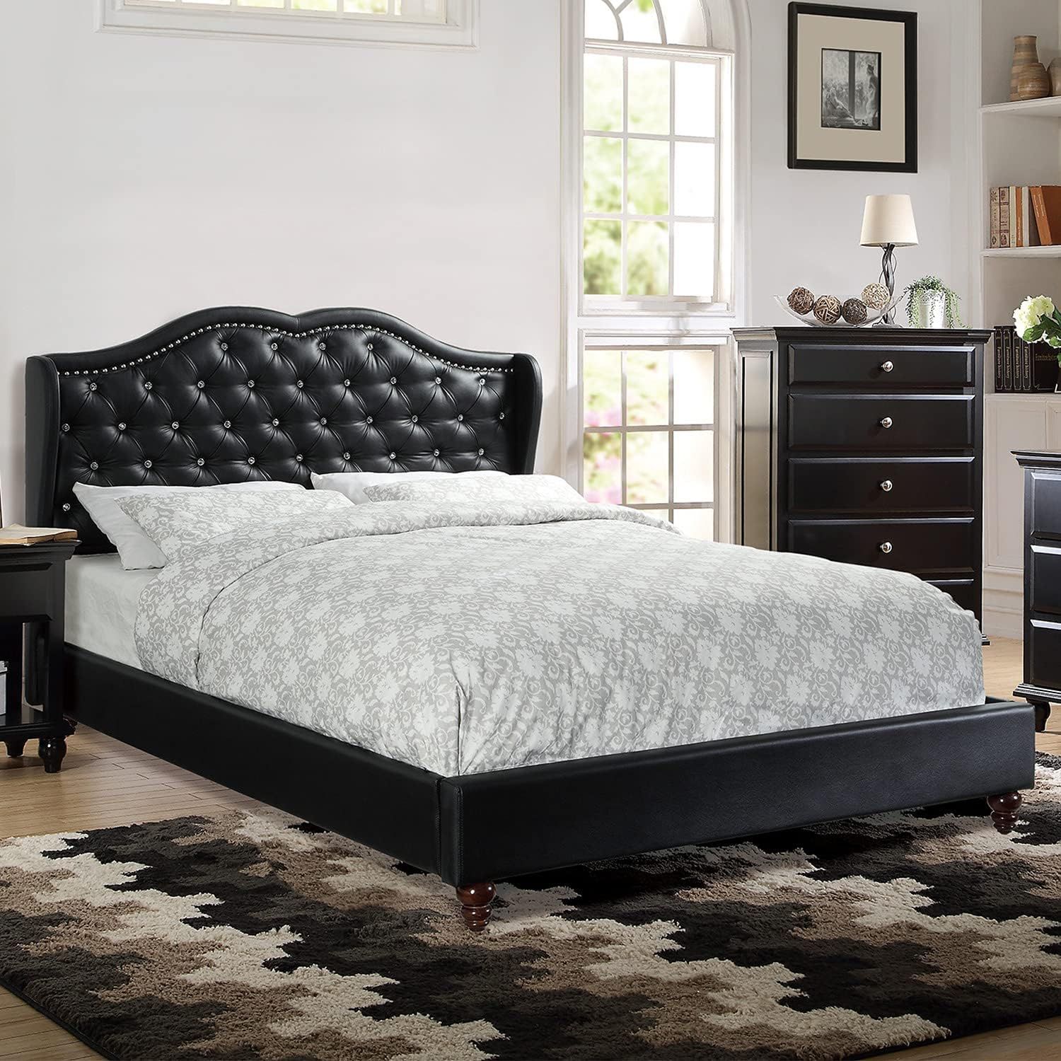 California King Black Faux Leather Upholstered Bed with Tufted Headboard