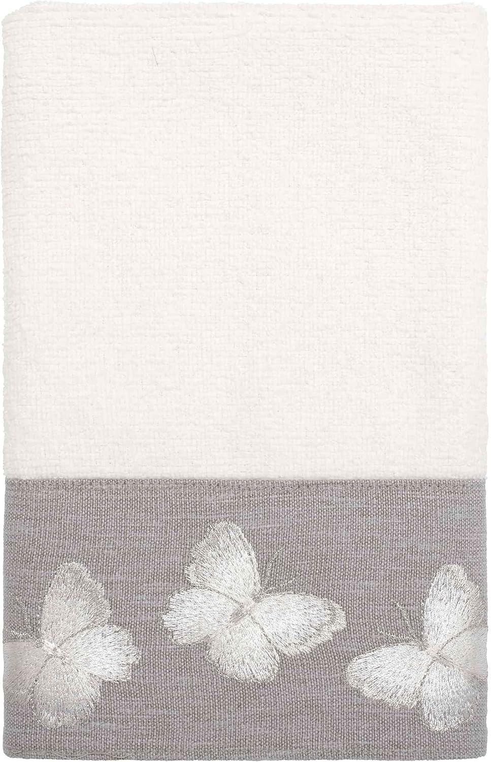 White Cotton Fingertip Towel with Embroidered Butterflies