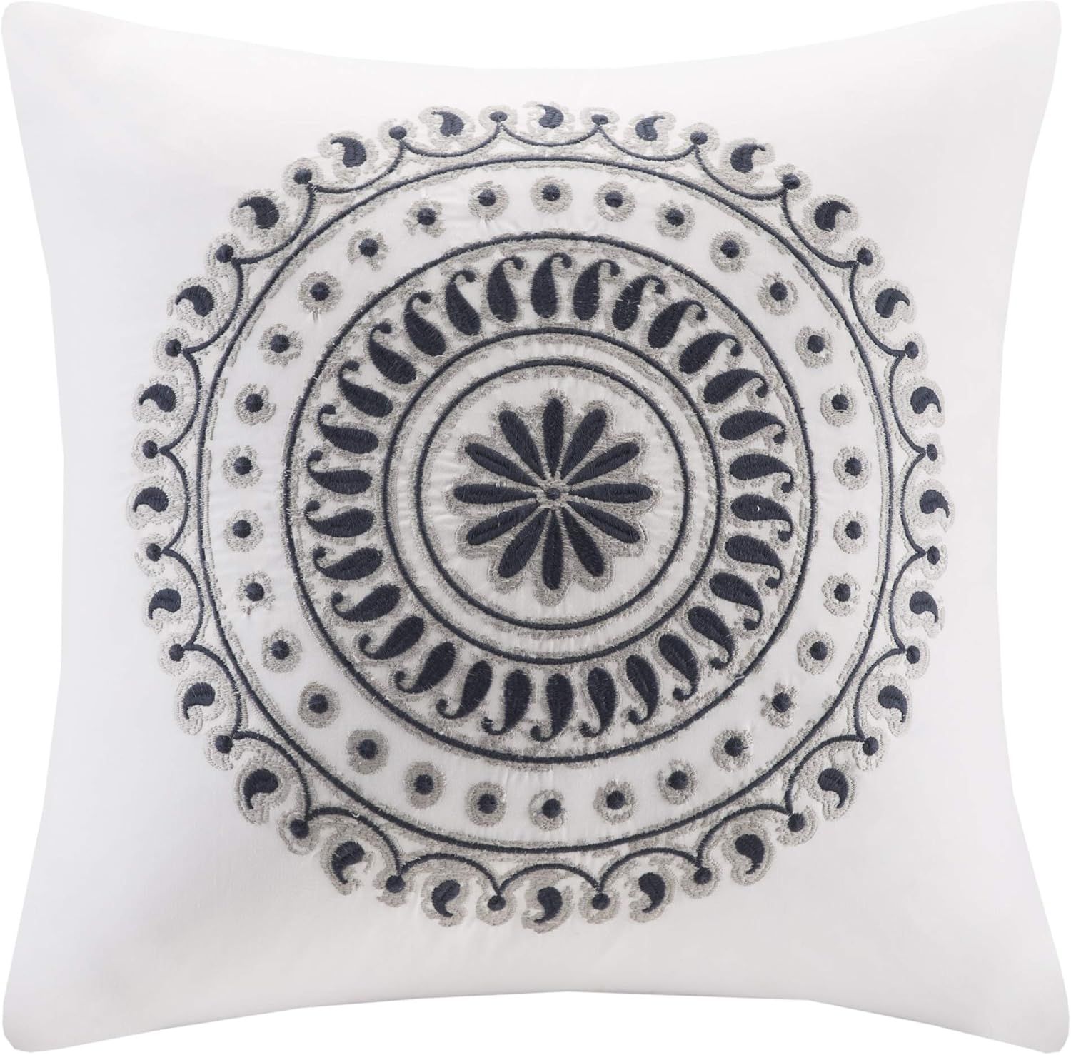 Navy Embroidered Medallion Cotton Square Throw Pillow