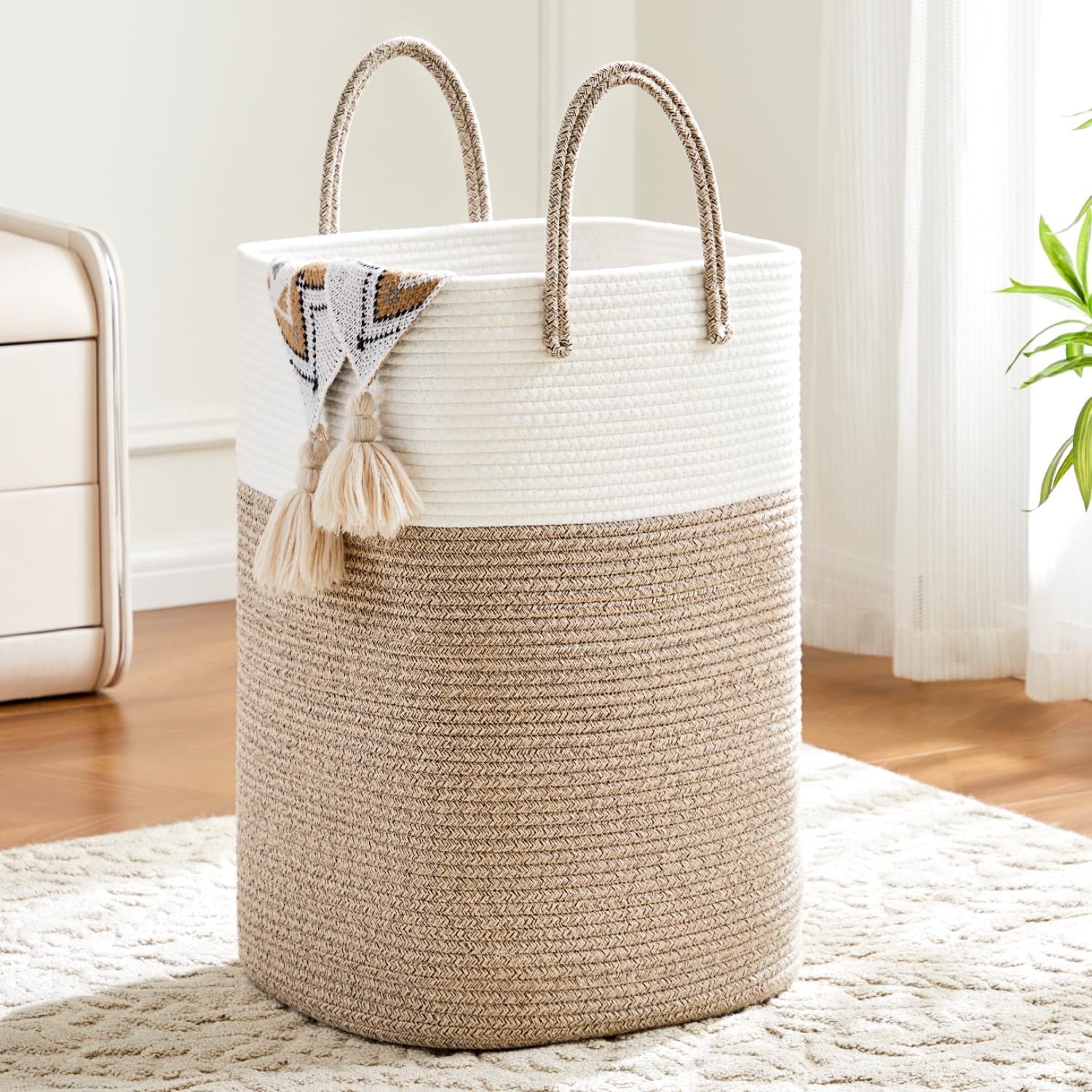 Beige and White Cotton Rope Collapsible Laundry Hamper