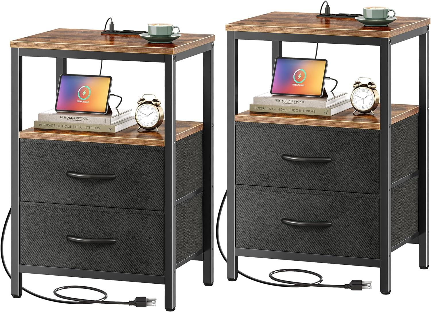 Rustic Brown and Black 2-Drawer Nightstands with Charging Station