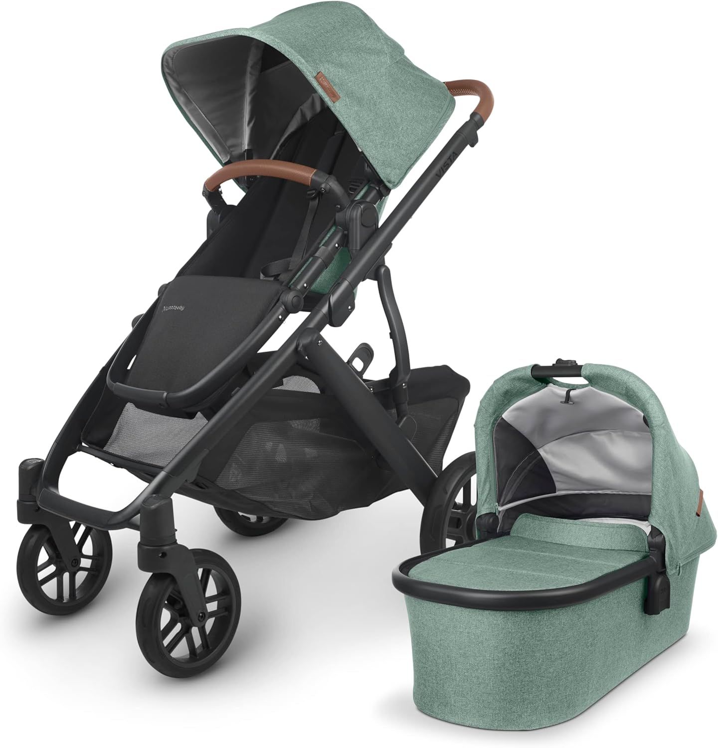 Green Mélange All-Terrain Bassinet Stroller with Leather Accents