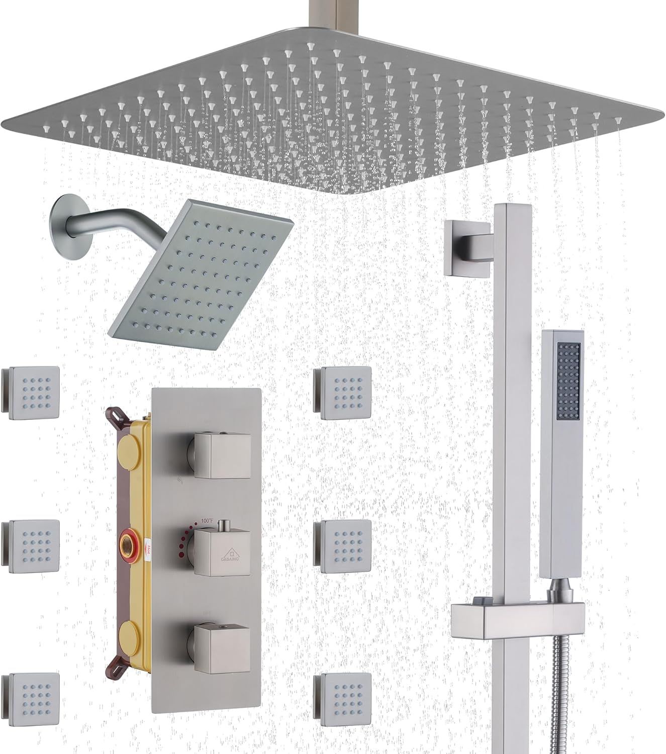 16" Brushed Nickel Ceiling-Mounted Thermostatic Shower System with Body Jets