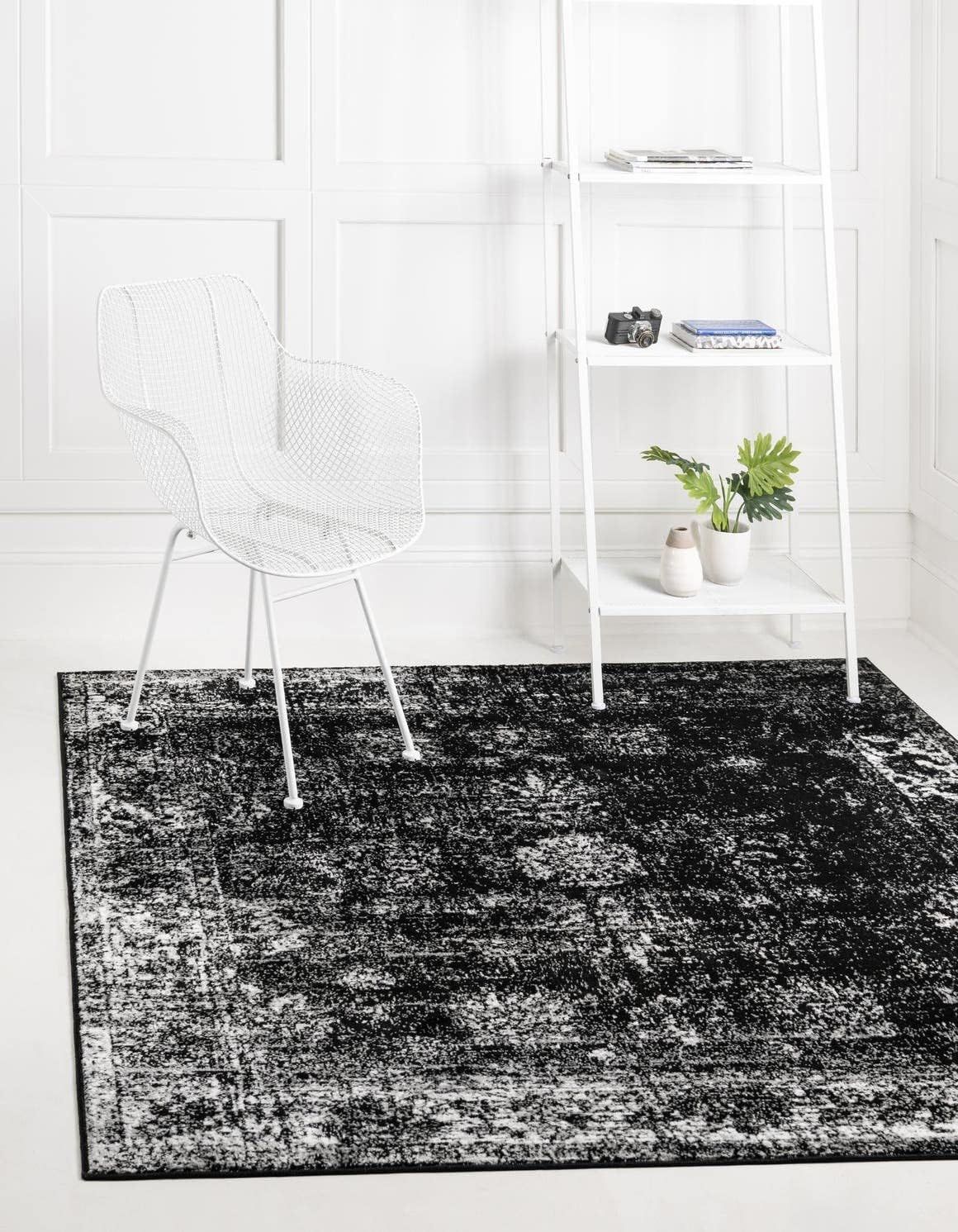 Reversible Medallion Square Indoor Rug in Black - Stain-Resistant Synthetic