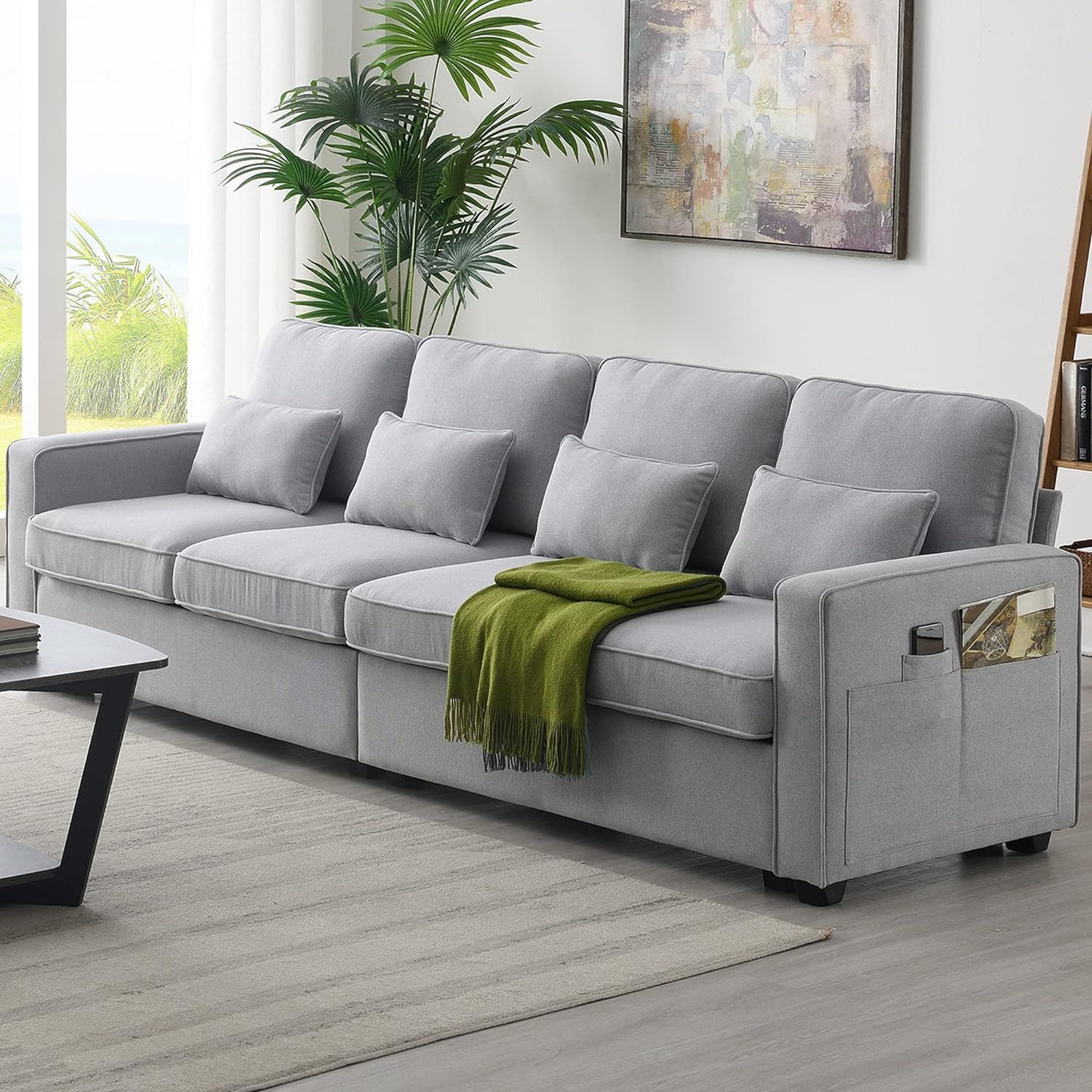 Light Grey Linen 4-Seater Sofa with Armrest Pockets