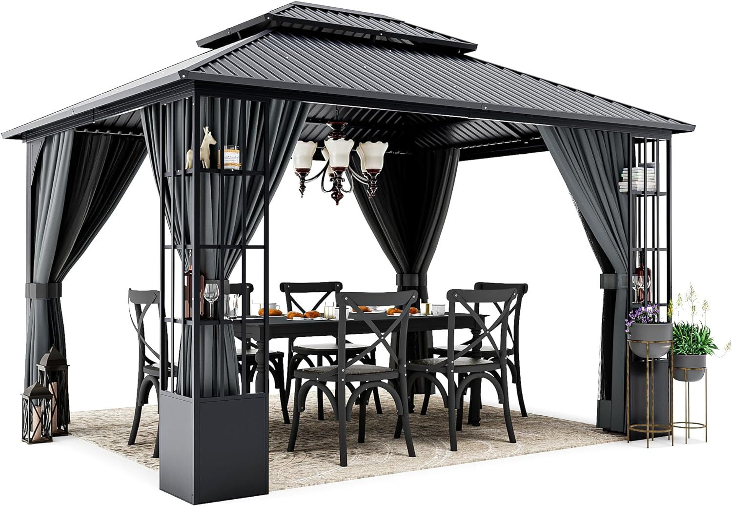 Gray Aluminum Double Roof Patio Gazebo with Curtains