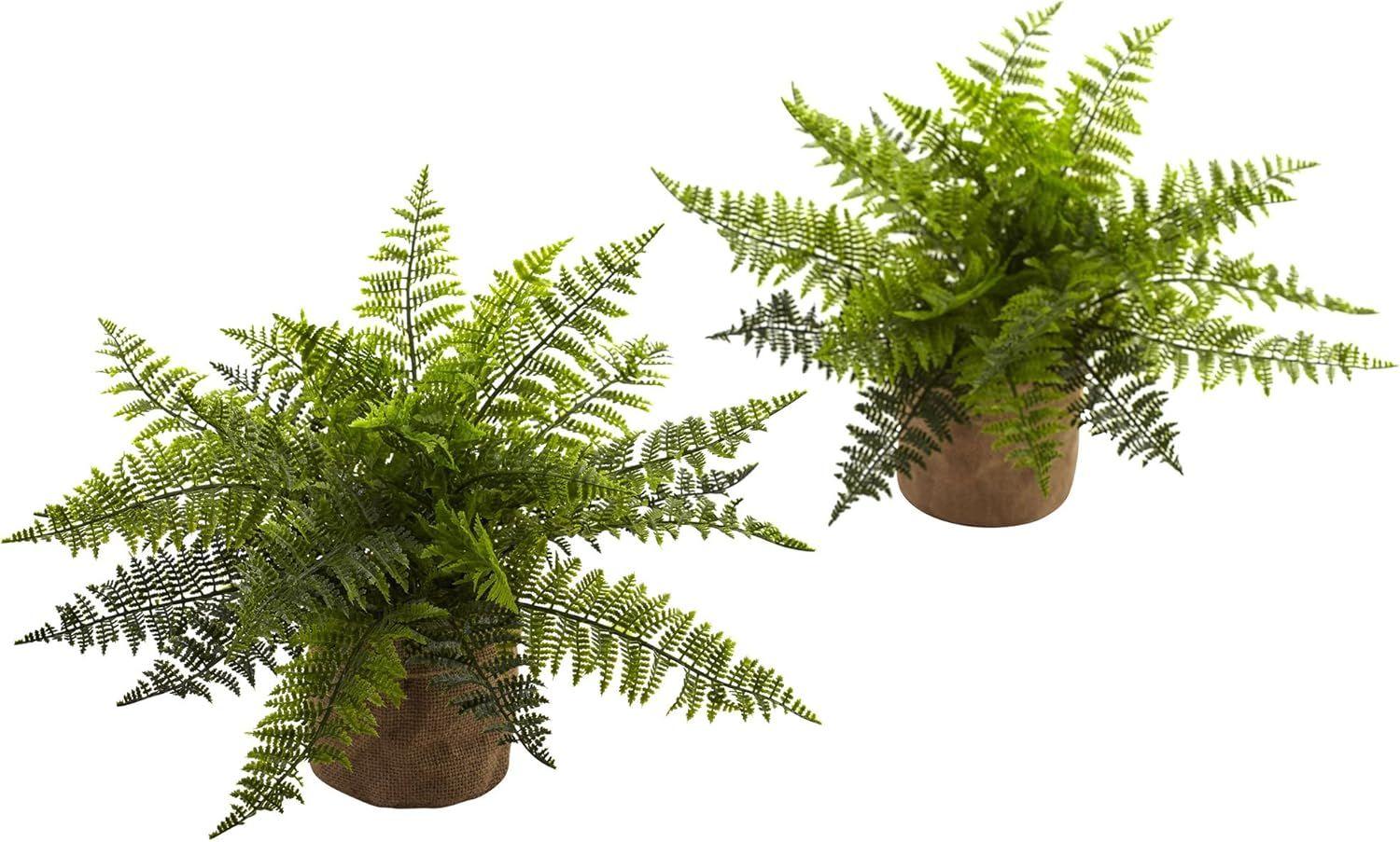 Set of 2 Green Faux Ferns in Burlap Pots